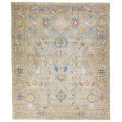 Tapis en laine bleu contemporain Sultanabad à motifs floraux fait à la main