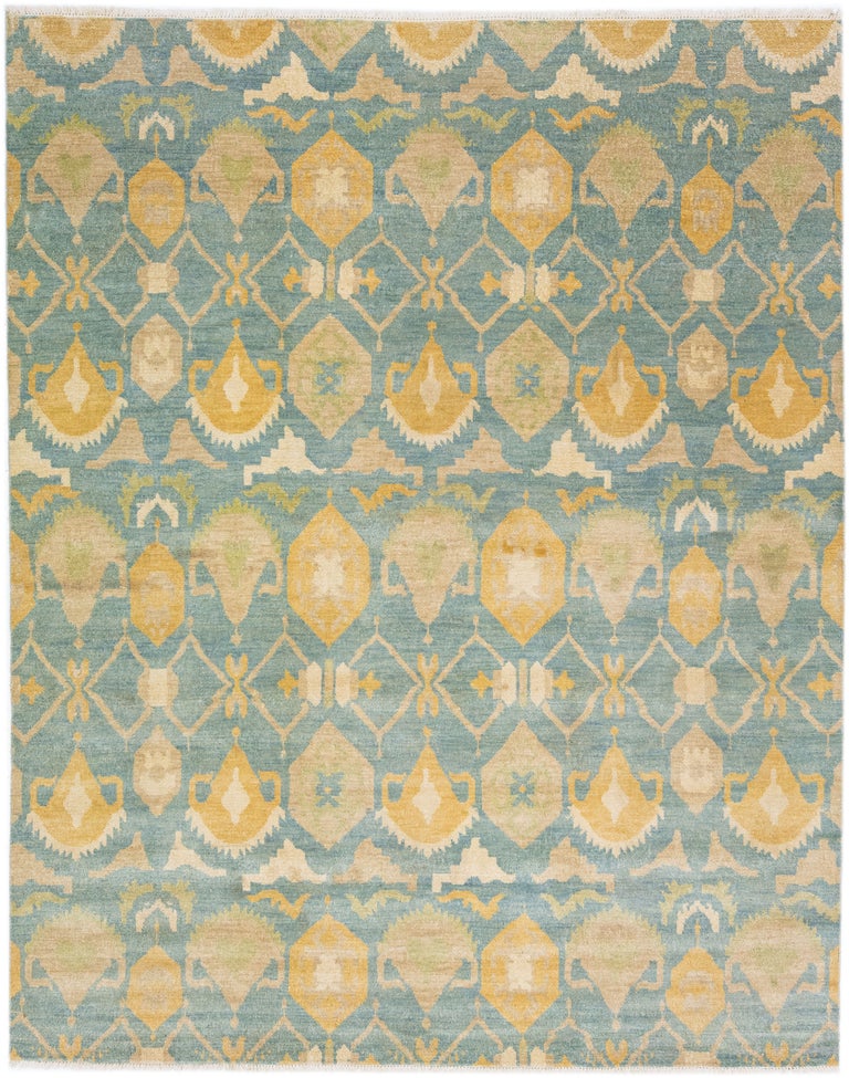 Blue Contemporary Transitional Handmade Wool Rug With Geometric Pattern
