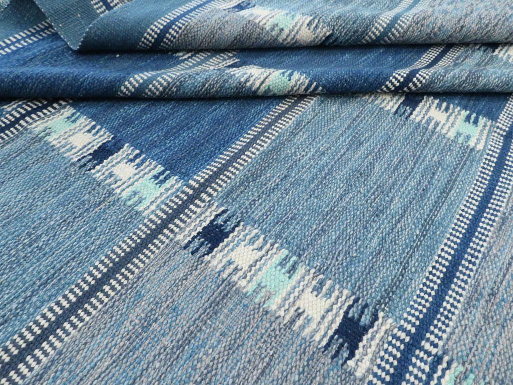 Blue Contemporary Turkish Flat-Weave Room Size Carpet Inspired by Swedish Kilims 4