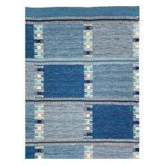 Blue Contemporary Turkish Flat-Weave Room Size Carpet Inspired by Swedish Kilims