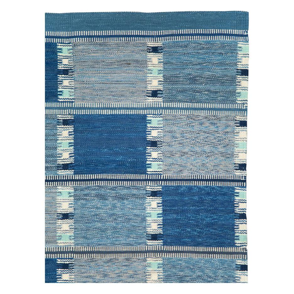 Scandinavian Modern Blue Contemporary Turkish Flat-Weave Room Size Carpet Inspired by Swedish Kilims