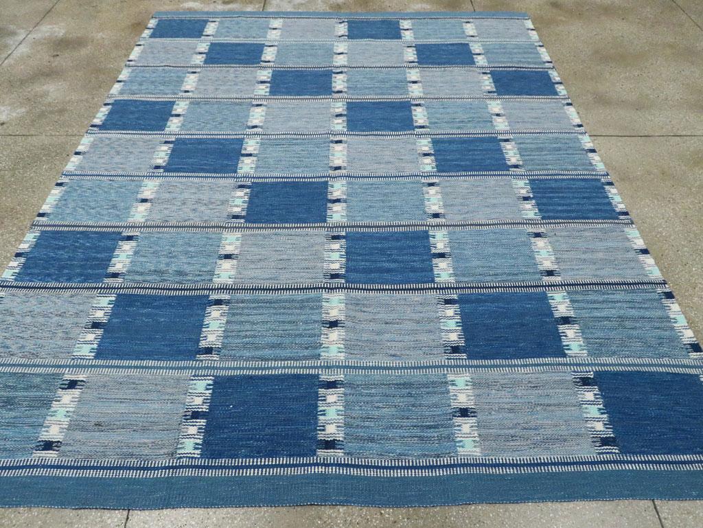 Hand-Knotted Blue Contemporary Turkish Flat-Weave Room Size Carpet Inspired by Swedish Kilims