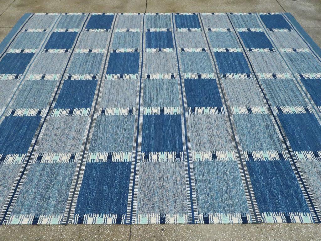 Wool Blue Contemporary Turkish Flat-Weave Room Size Carpet Inspired by Swedish Kilims