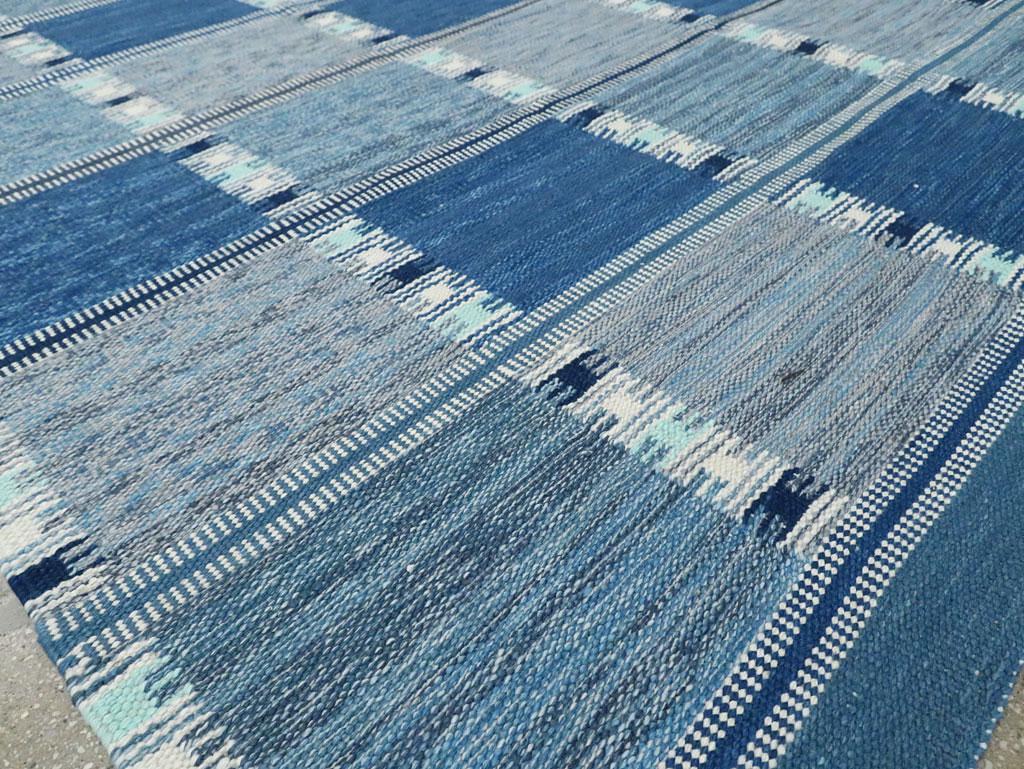 Blue Contemporary Turkish Flat-Weave Room Size Carpet Inspired by Swedish Kilims 2