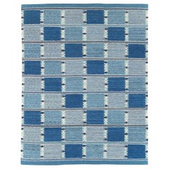 Blue Contemporary Turkish Flat-Weave Room Size Carpet Inspired by Swedish Kilims