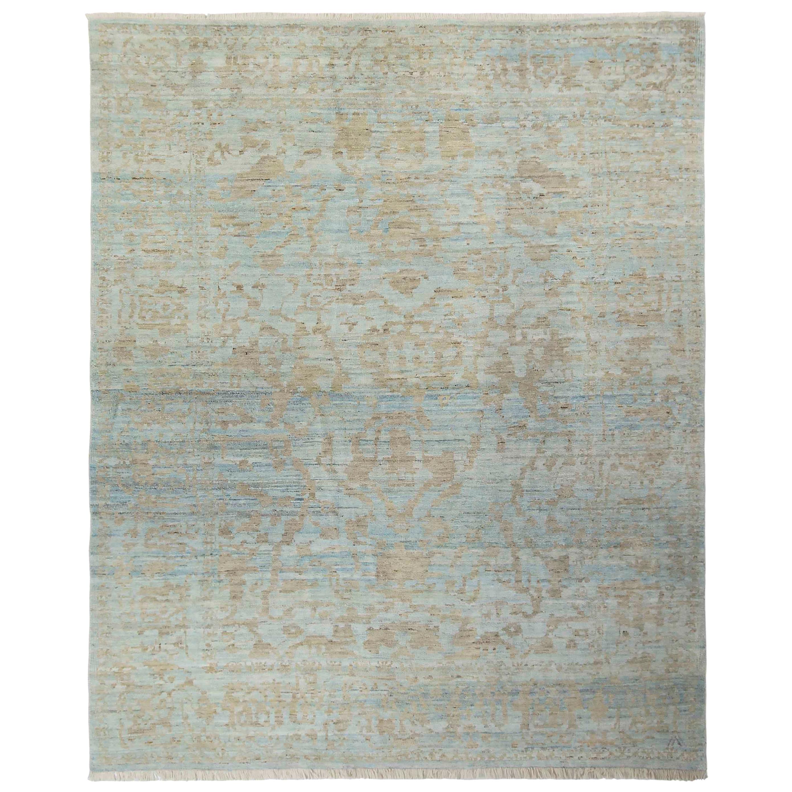 Blue Contemporary Turkish Oushak Rug with Gray & Beige Floral Patterns