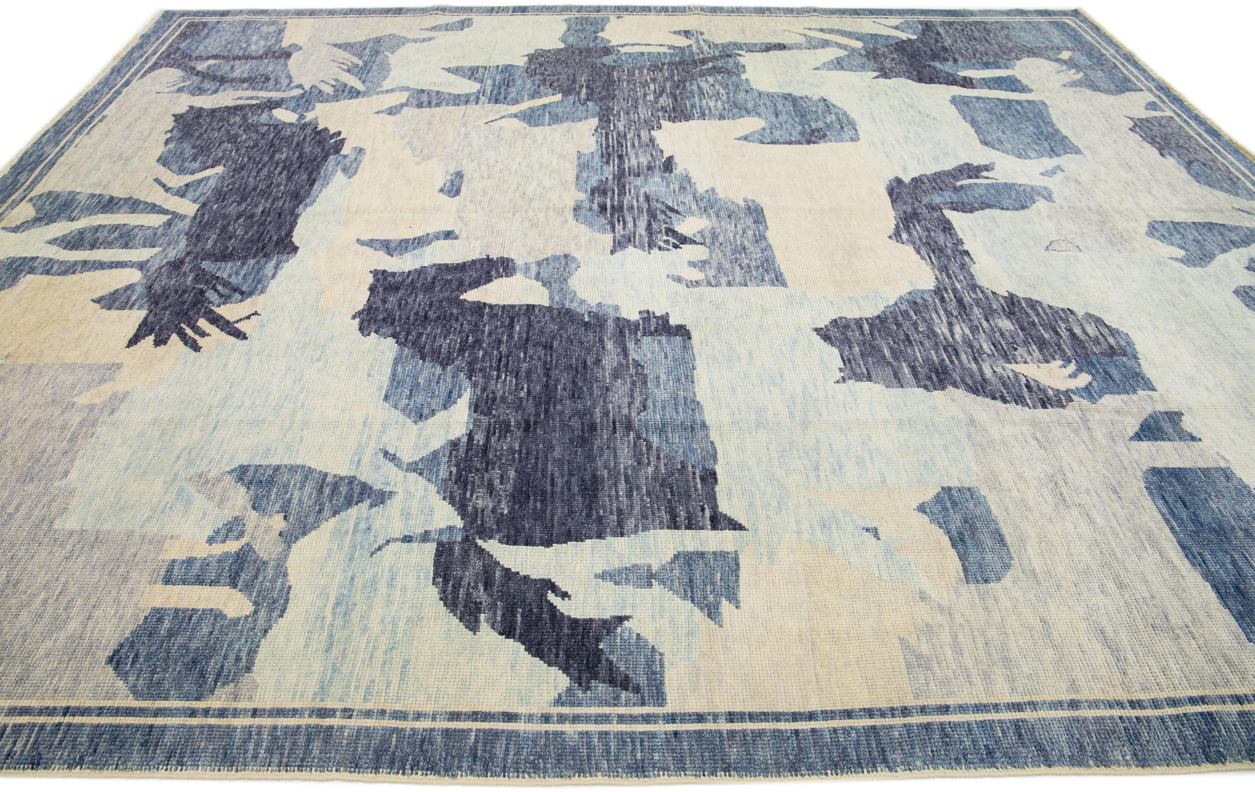 Hand-Knotted Blue Contemporary Turkish Wool Rug Handmade with Abstract Pictorial Motif For Sale