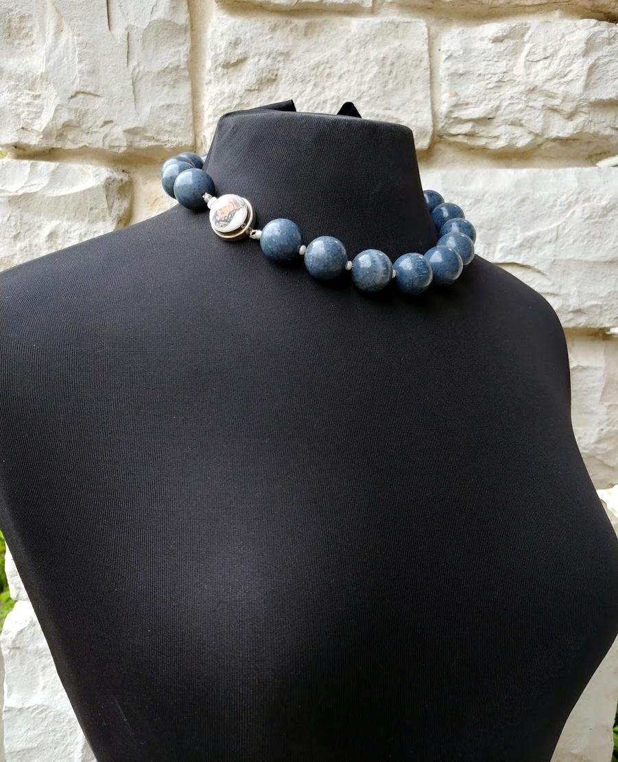 The length of the necklace is 18.5 inches (47cm). The size of rare large beads is 20 mm.
Beads have a delightfully saturated, uniform denim color.
Authentic, natural color. Only resin treatment for stability and polishing for gloss was applied.
This