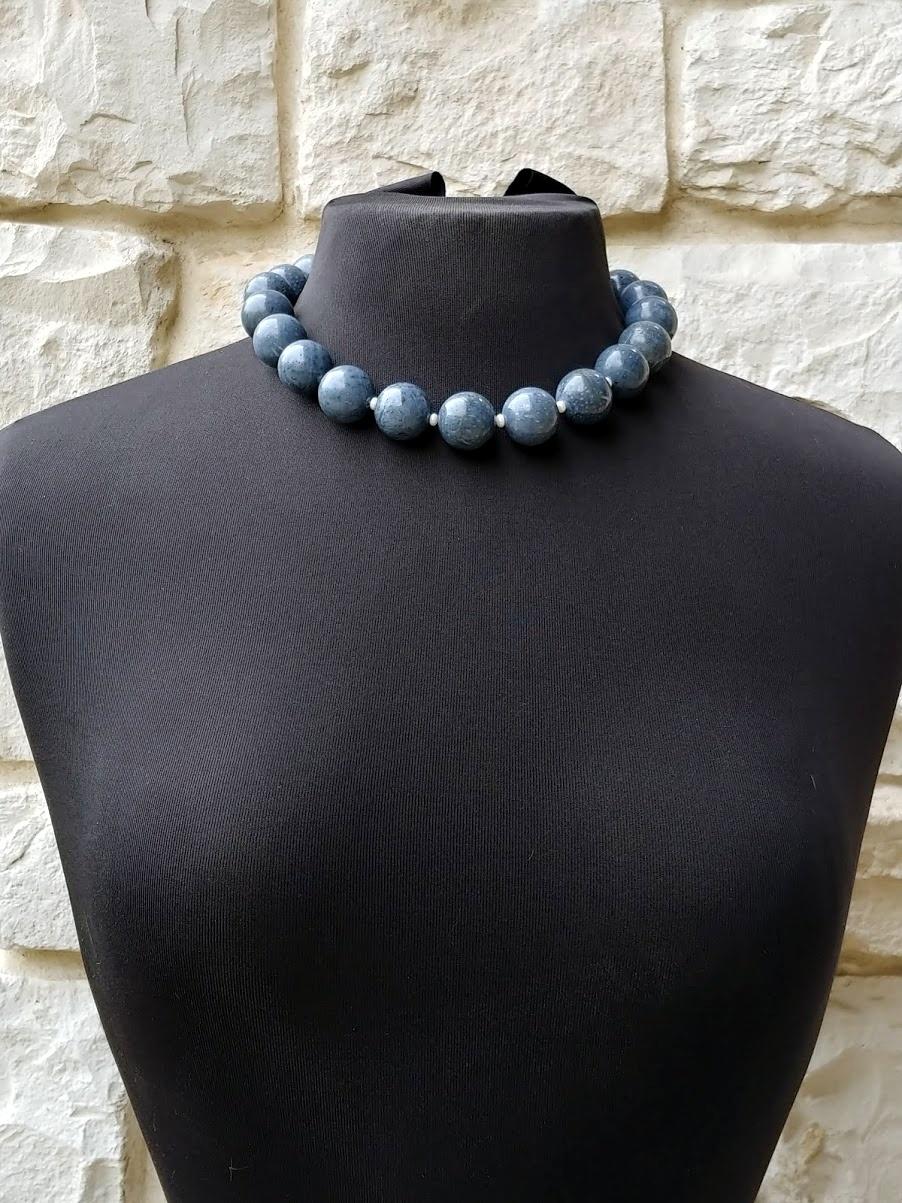 Bead Blue Coral Akori Necklace with Vintage Cameo Clasp For Sale