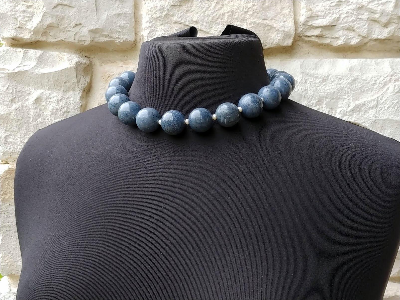 Blue Coral Akori Necklace with Vintage Cameo Clasp In Excellent Condition For Sale In Chesterland, OH
