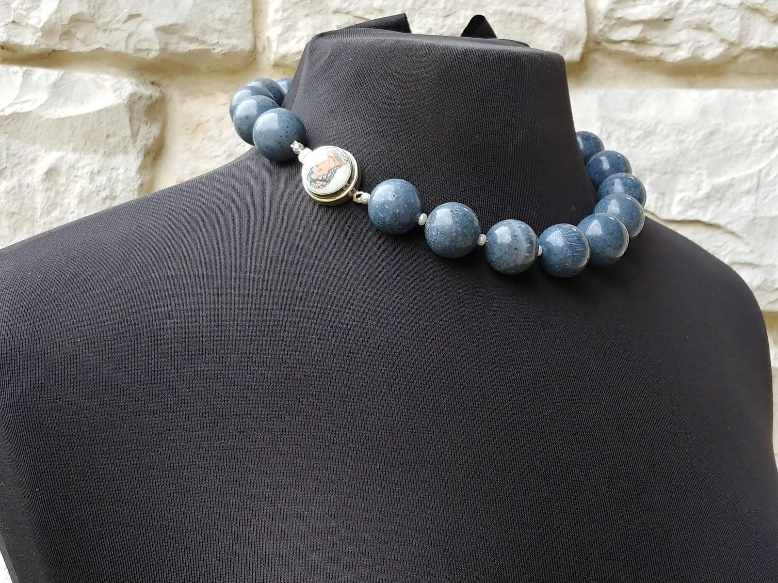 Bead Blue Coral and Freshwater Pearl Necklace with Vintage Porcelain Cameo Clasp For Sale