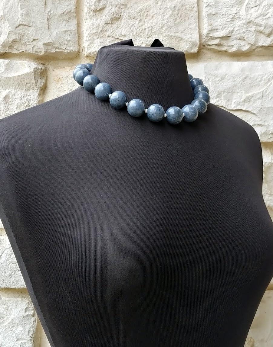 Blue Coral and Freshwater Pearl Necklace with Vintage Porcelain Cameo Clasp In Excellent Condition For Sale In Chesterland, OH