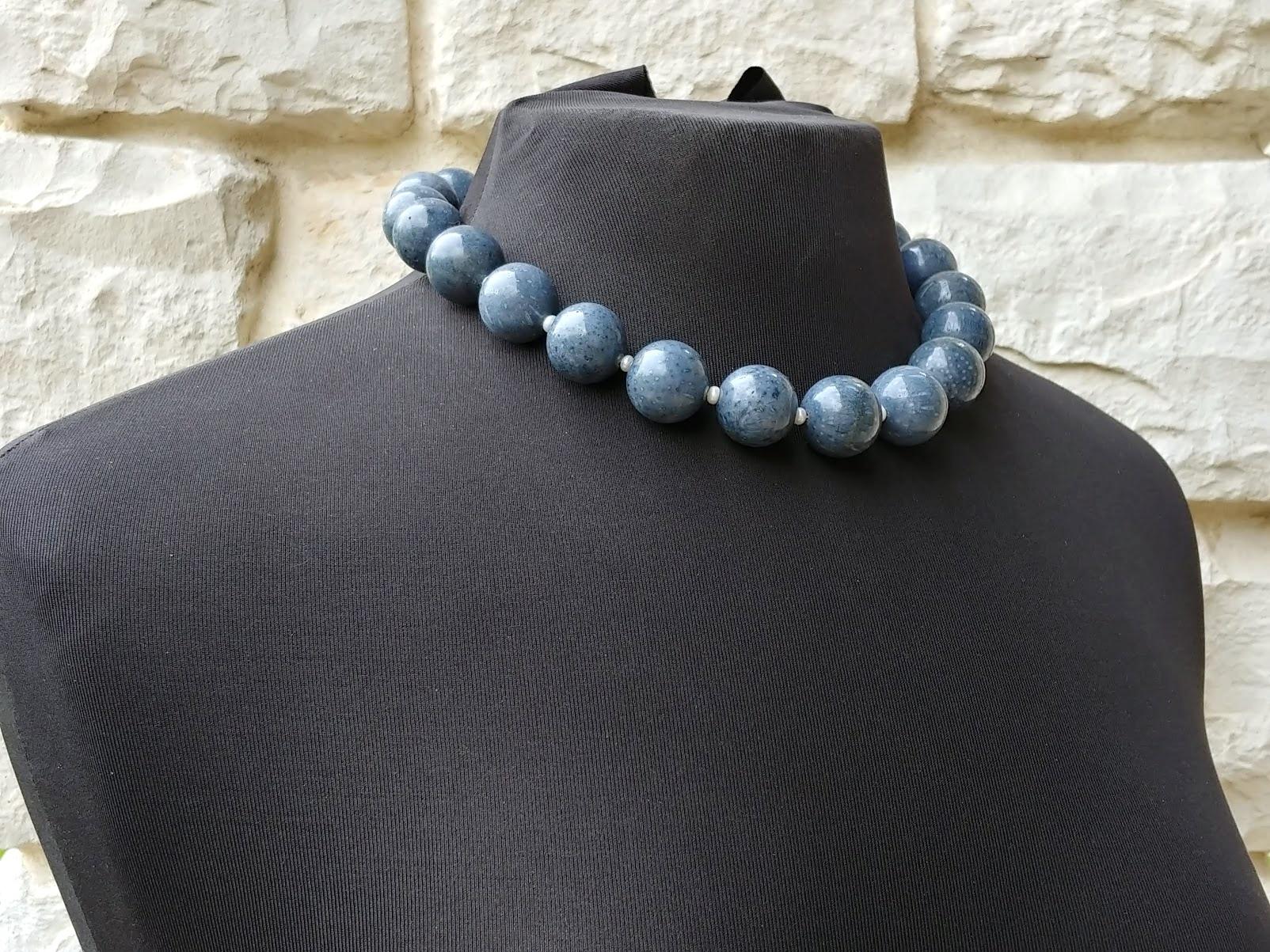 Women's Blue Coral and Freshwater Pearl Necklace with Vintage Porcelain Cameo Clasp For Sale