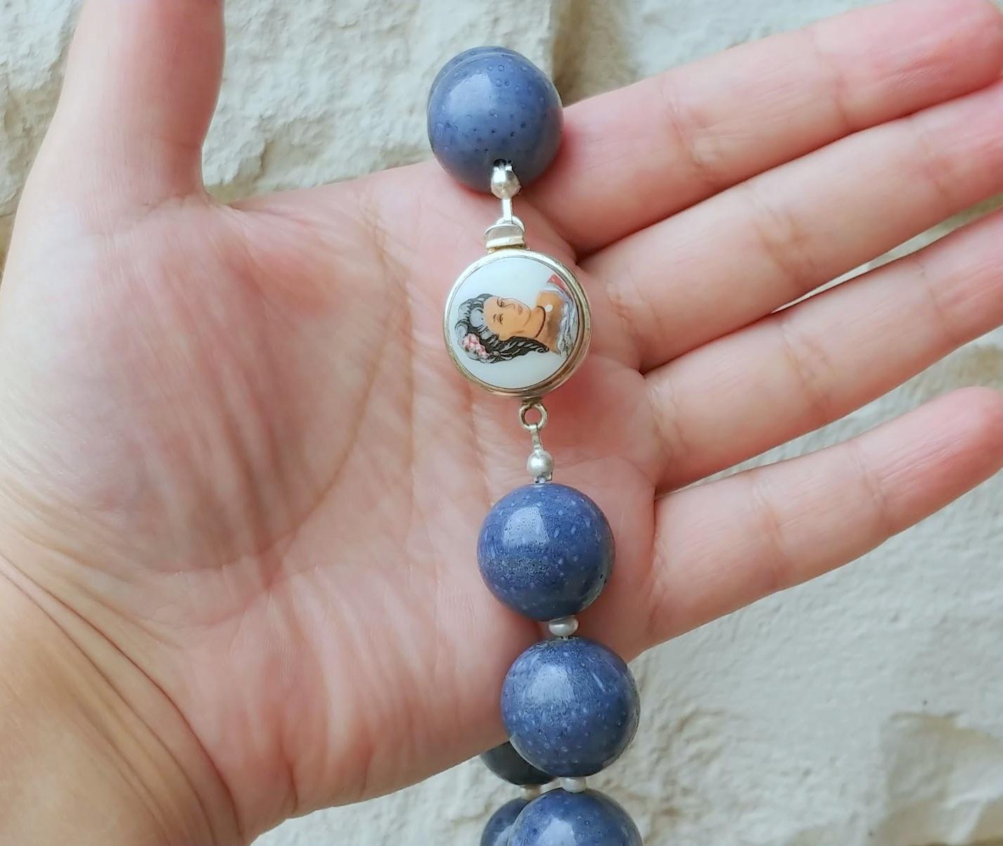 Blue Coral and Freshwater Pearl Necklace with Vintage Porcelain Cameo Clasp For Sale 4