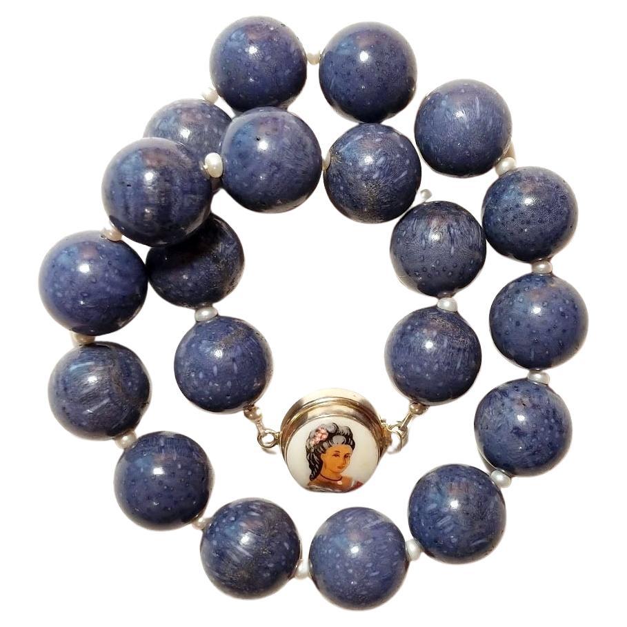 Blue Coral and Freshwater Pearl Necklace with Vintage Porcelain Cameo Clasp For Sale