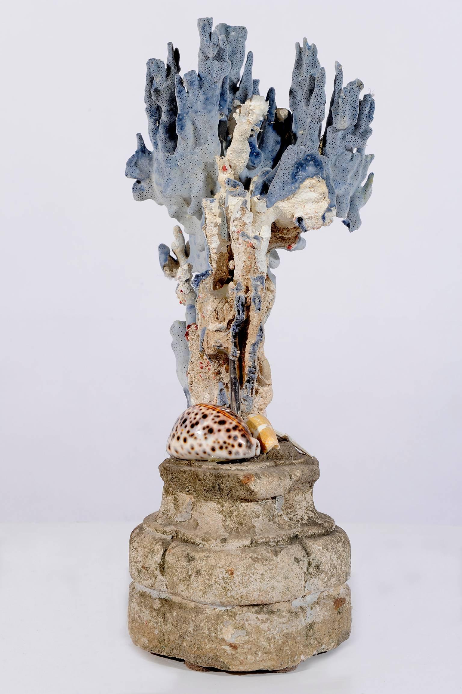Hand-Carved  Natural Sculpture : Blue Madrepora on a Stone Capitel