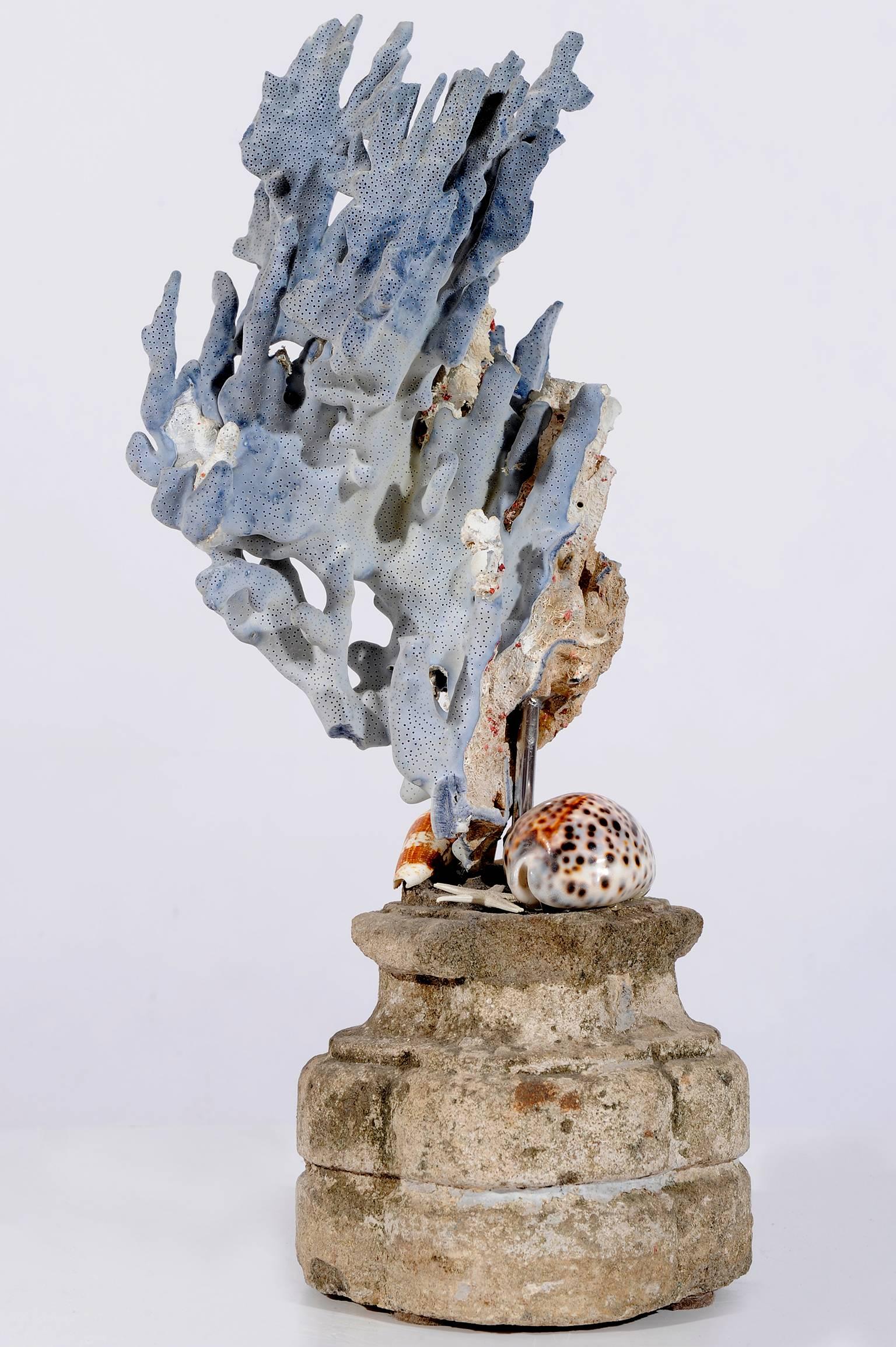  Natural Sculpture : Blue Madrepora on a Stone Capitel In Good Condition In Alessandria, Piemonte