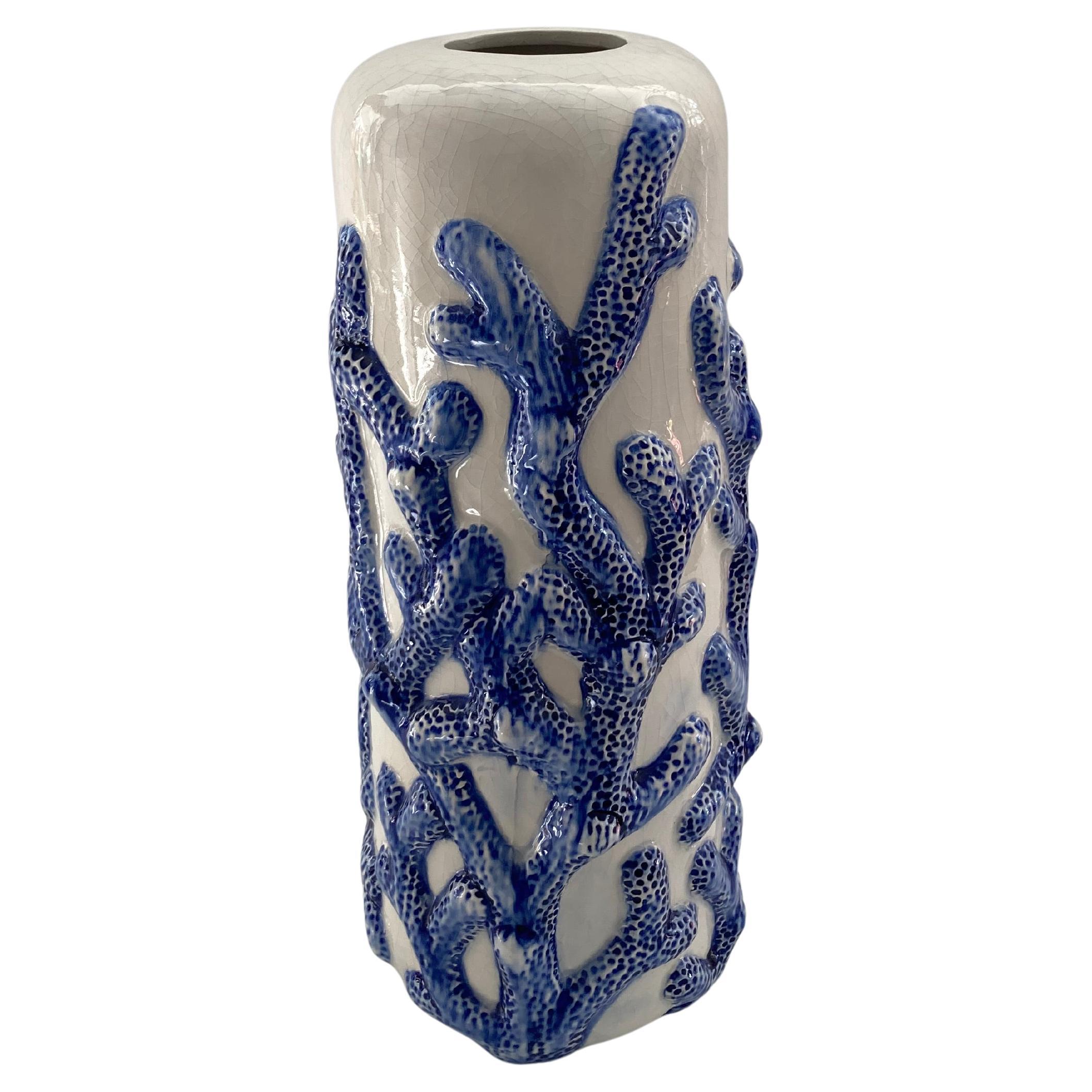 Blue Coral on White Glazed Ceramic Vase For Sale