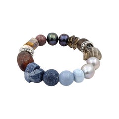Pulsera de plata de ley con coral azul, ópalo, perla, topacio ahumado y jaspe oceánico