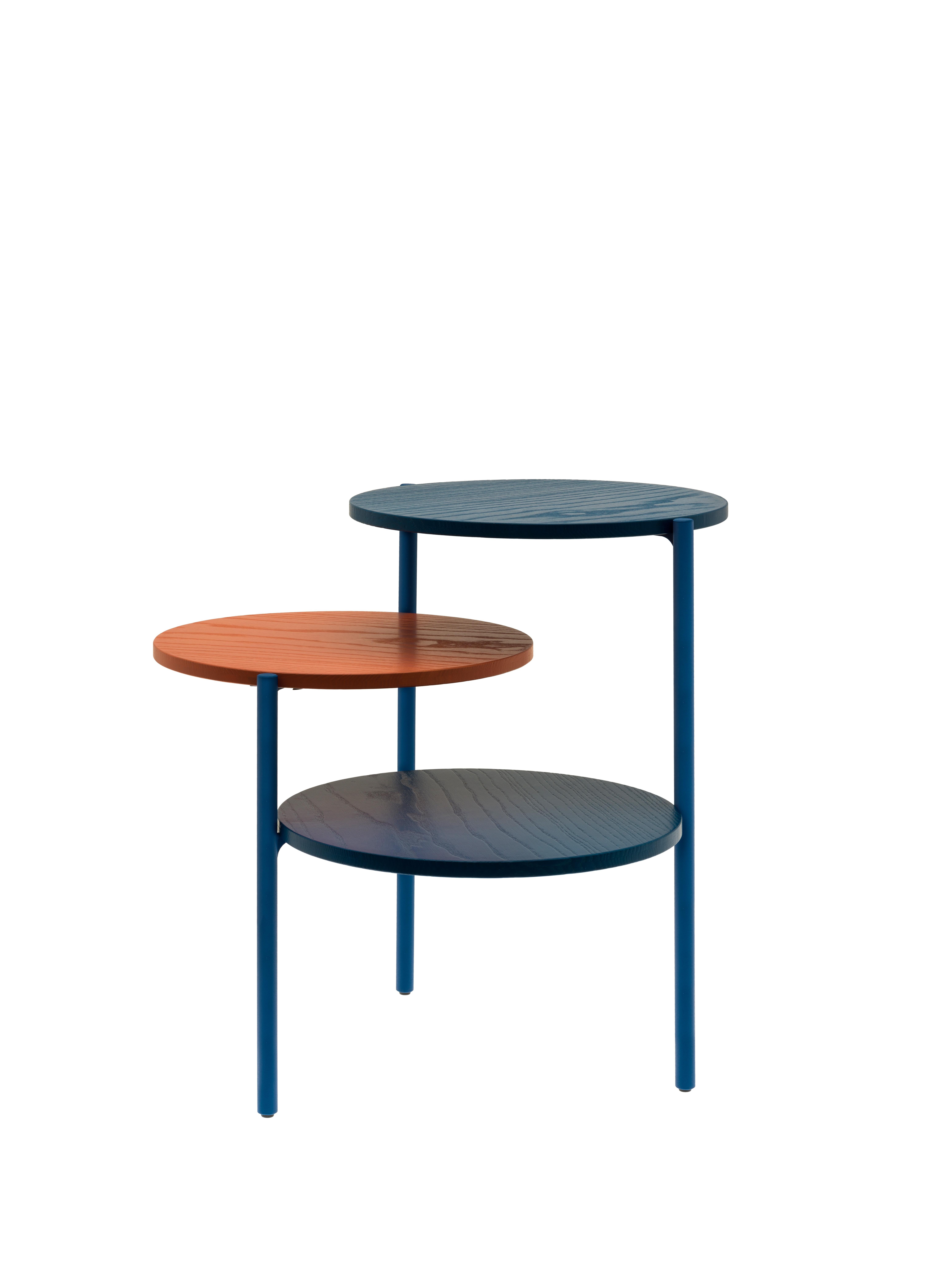 Blue & Coral triplo table by Mason Editions
Dimensions: 54 × 54 × 52.5 cm
Materials: iron, ash
Colours: total black, total blue, total light grey, blue + coral, black + light grey, light grey + pumpkin

This side table is based on the concept of
