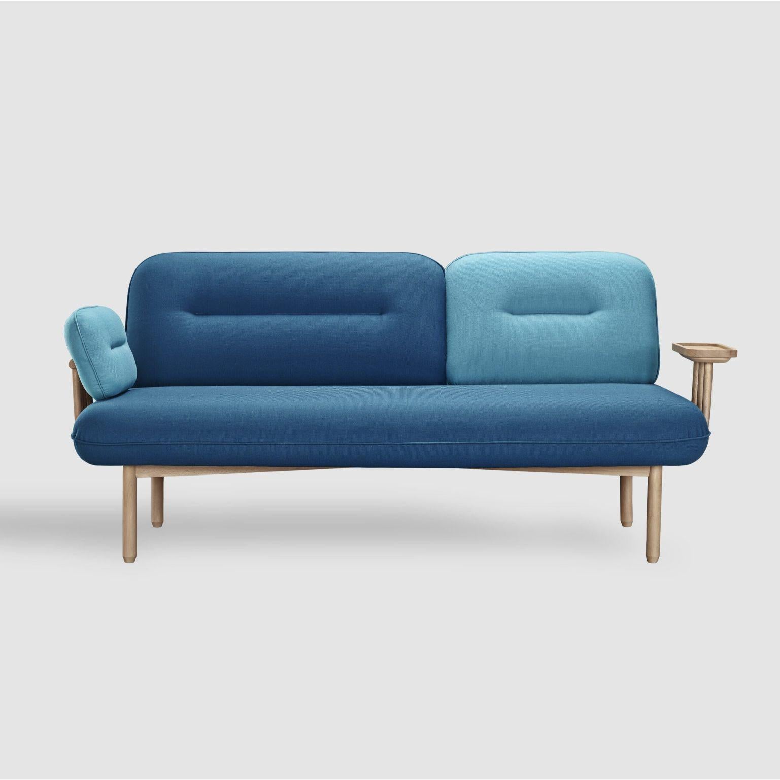 Blue Cosmo Sofa by Pepe Albargues
Dimensions: W195, D85, H85, Seat45
Materials: Pine and beech wood structure reinforced with plywood
Arms and backrest frame treated with the steam bending technique
Foam CMHR (high resilience and flame retardant)