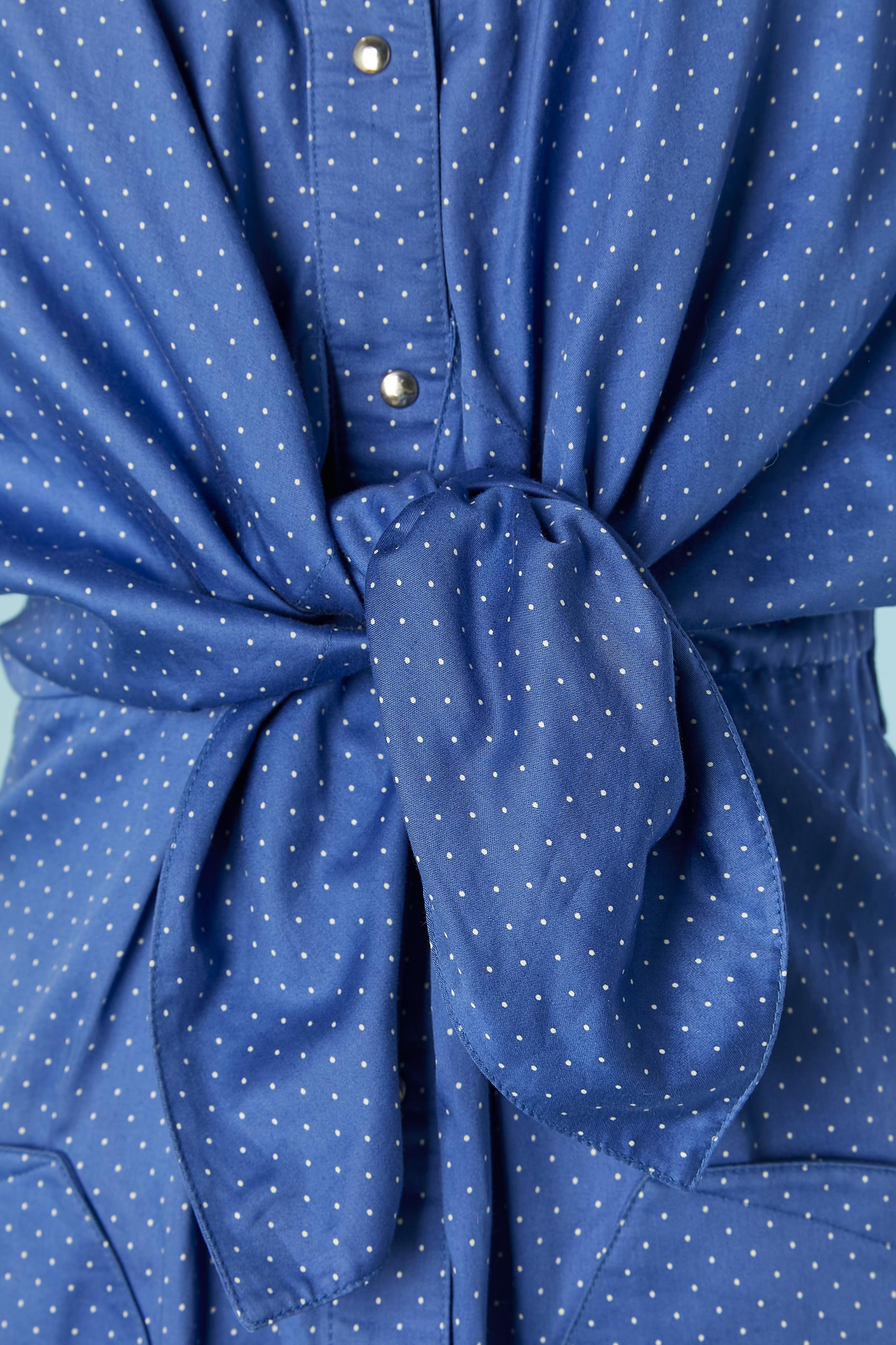 Blaues Tageskleid aus Baumwolle mit weißen Tupfen und Schleife auf der Vorderseite Thierry Mugler im Zustand „Hervorragend“ im Angebot in Saint-Ouen-Sur-Seine, FR
