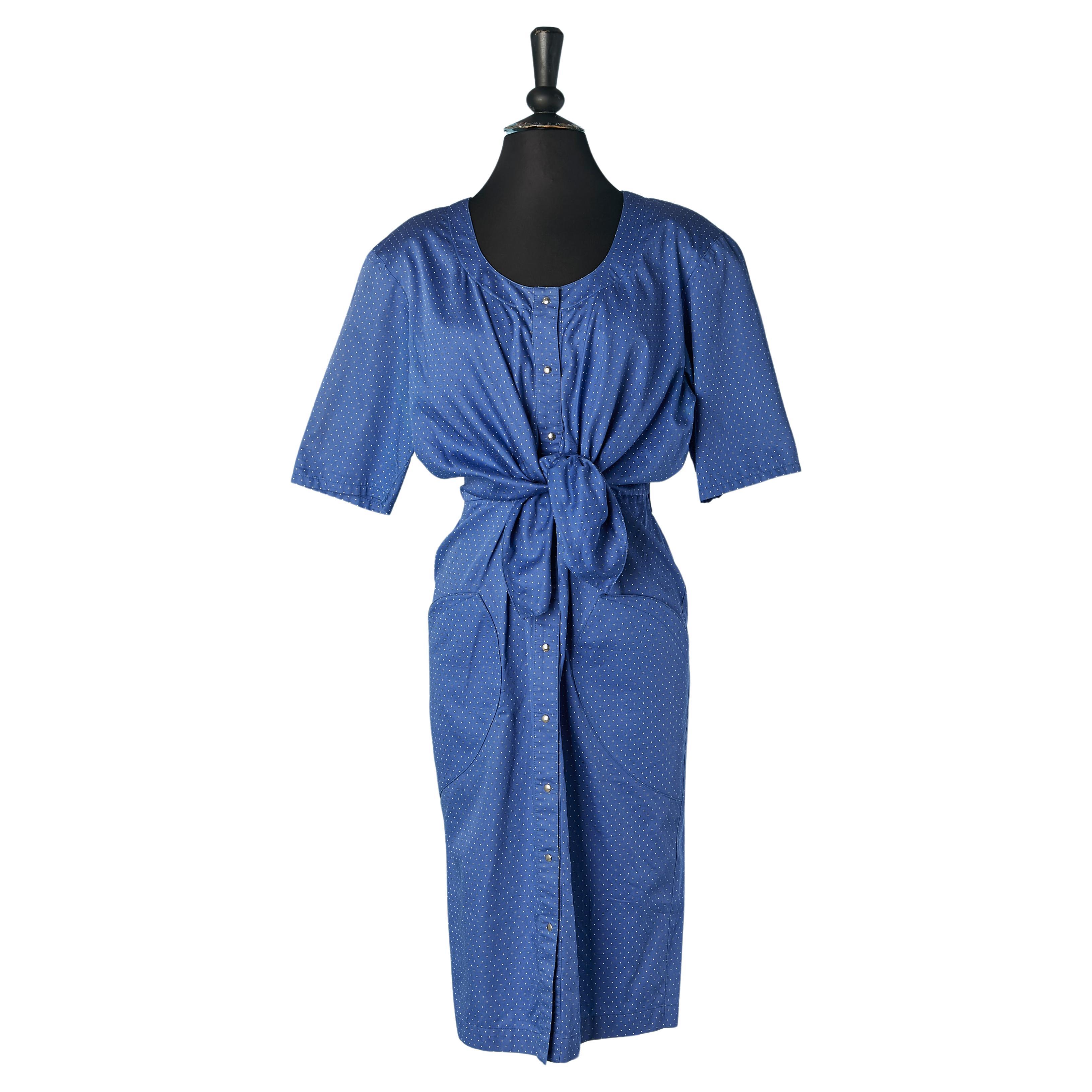 Abito da giorno in cotone blu con pois bianchi e fiocco sul davanti Thierry Mugler