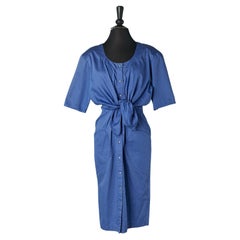 Blue cotton day dress with white Polka-dots and bow in the front Thierry Mugler 