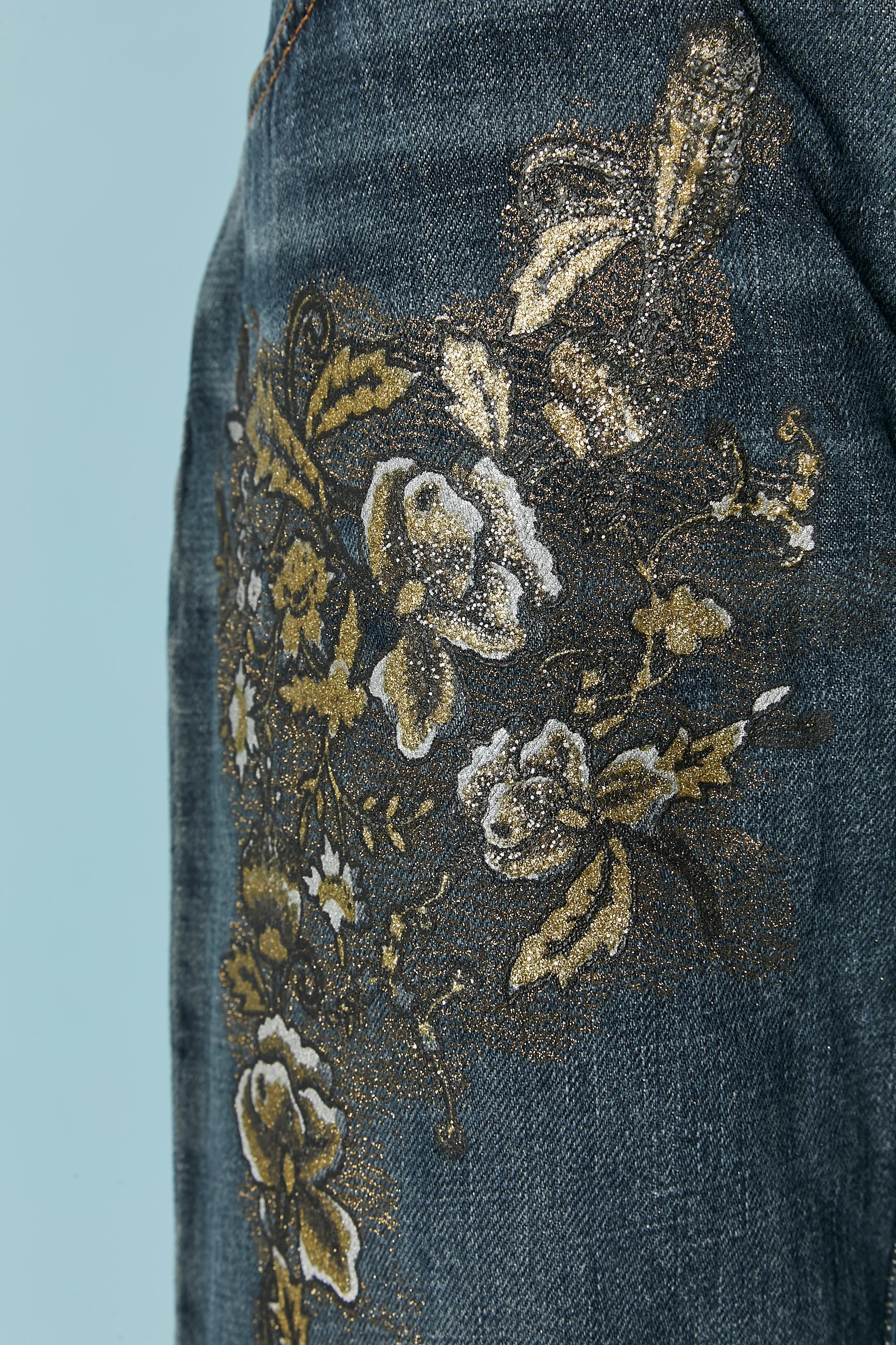 Blue cotton denim jean with flowers glitters pattern Just Cavalli  In Excellent Condition For Sale In Saint-Ouen-Sur-Seine, FR