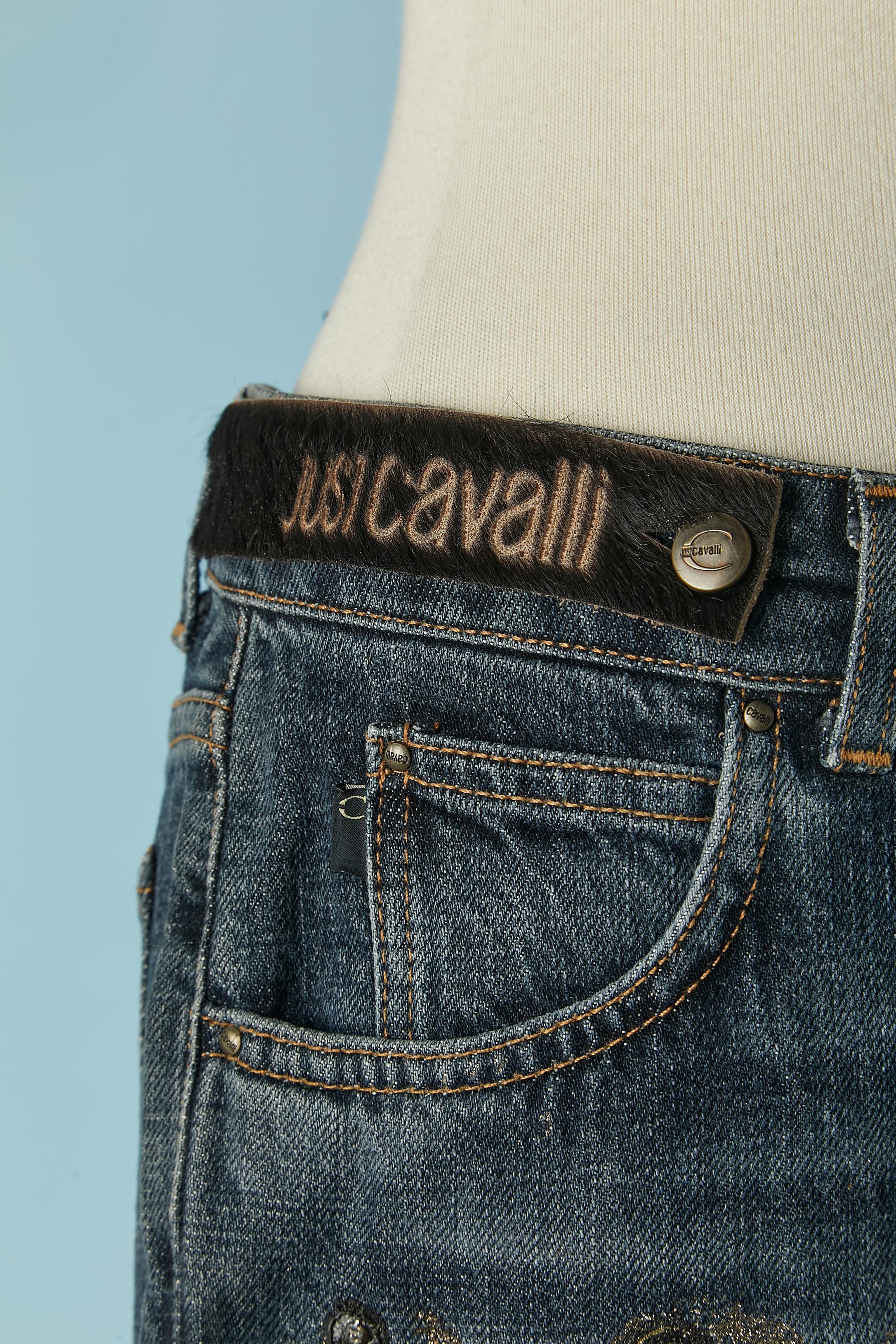 Women's or Men's Blue cotton denim jean with flowers glitters pattern Just Cavalli  For Sale