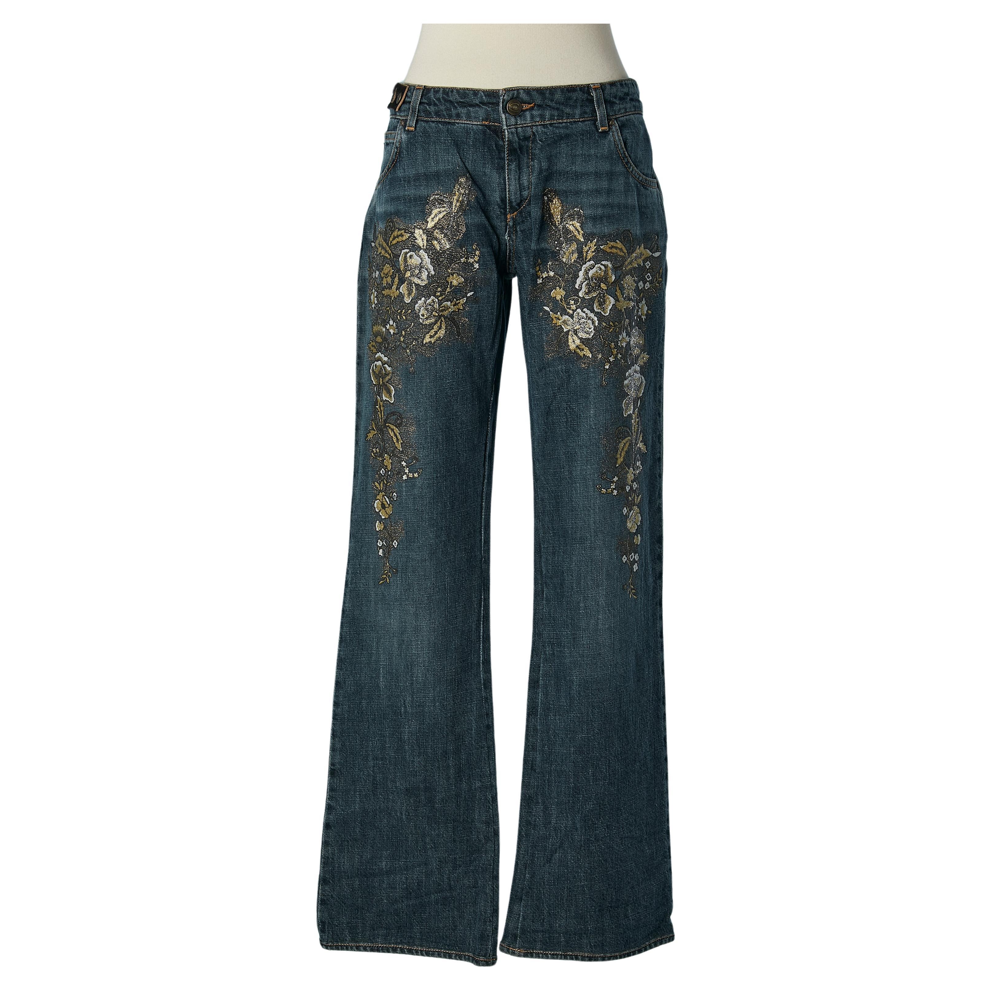 Blue cotton denim jean with flowers glitters pattern Just Cavalli  For Sale