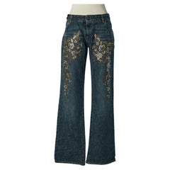 Blue cotton denim jean with flowers glitters pattern Just Cavalli 