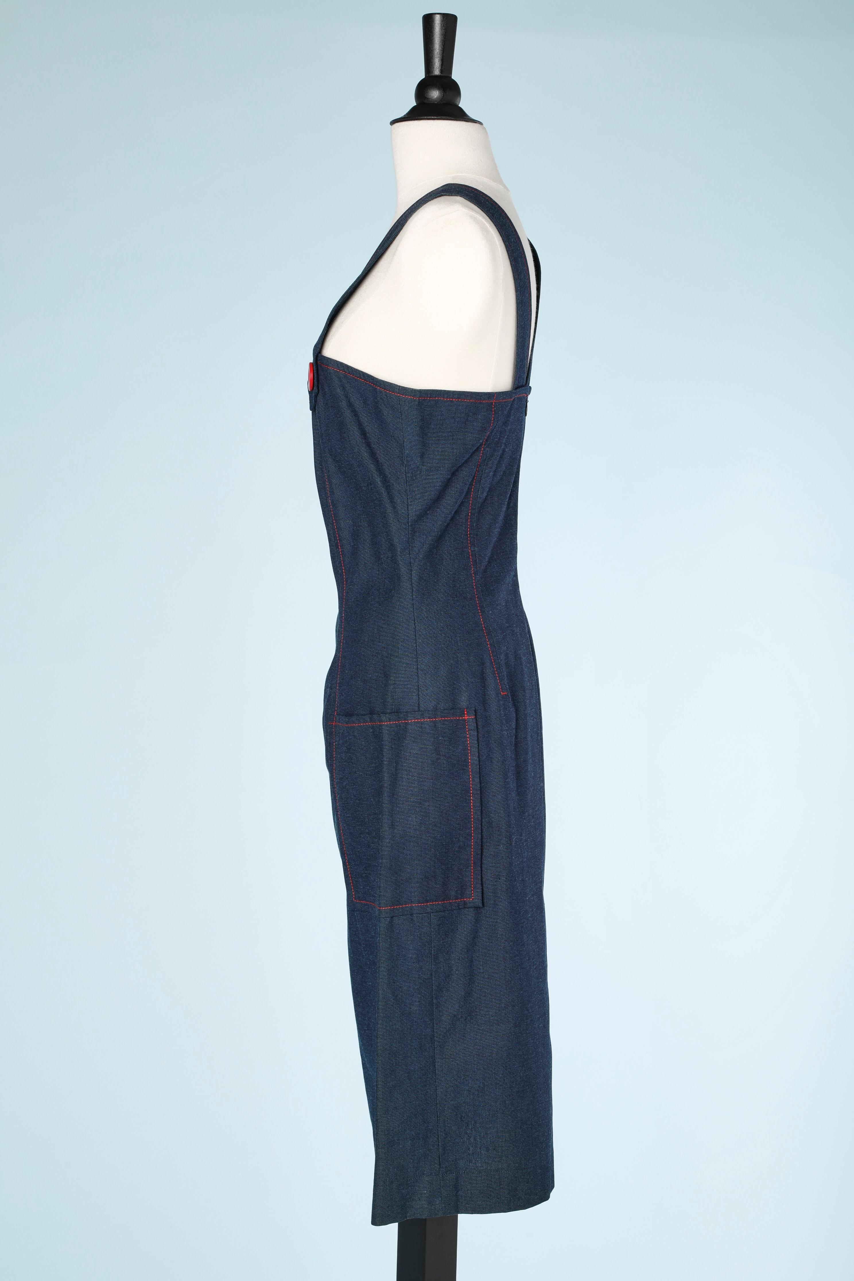 Black Blue cotton dress with red buttons Yves Saint Laurent Variation  For Sale