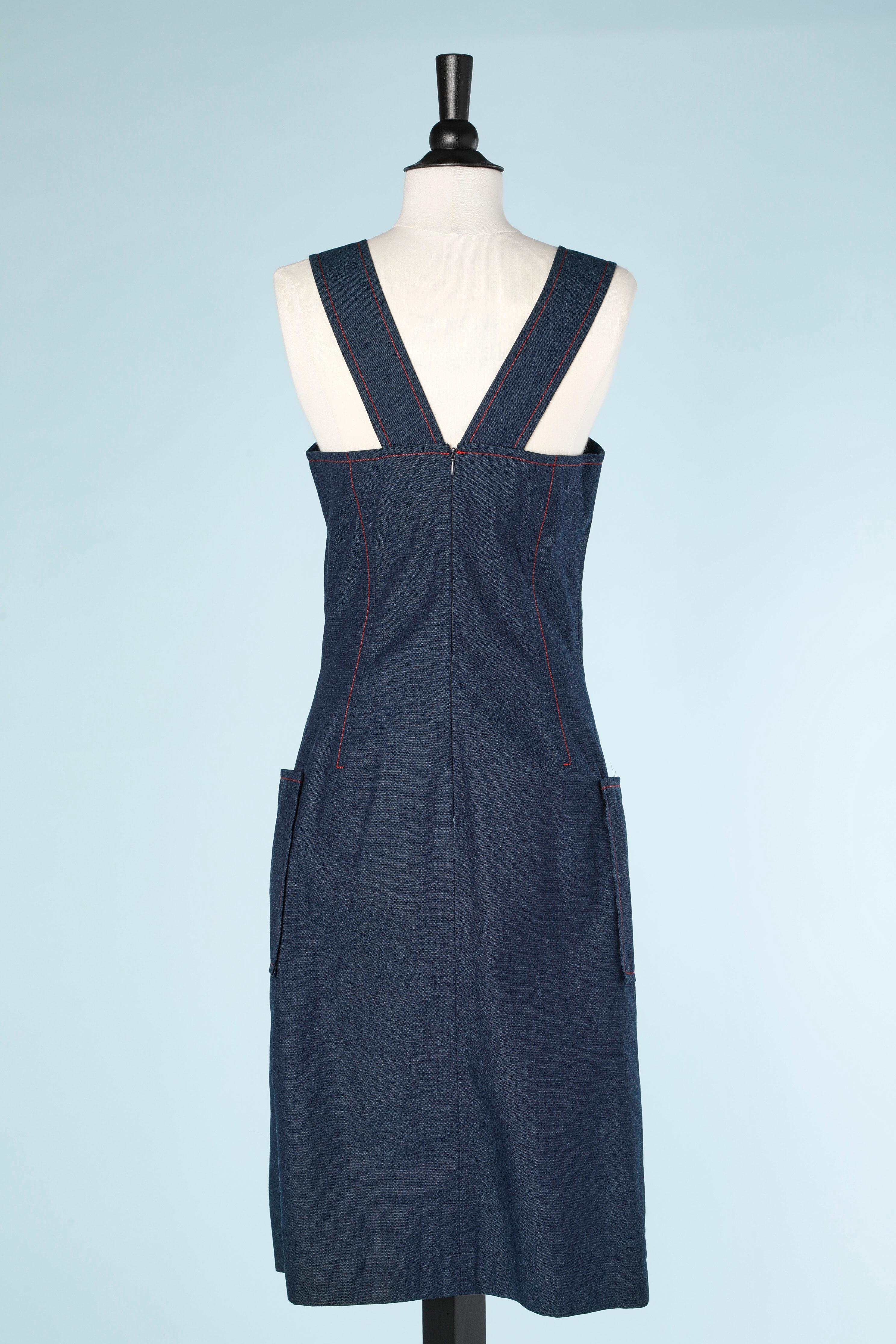 Blue cotton dress with red buttons Yves Saint Laurent Variation  In New Condition For Sale In Saint-Ouen-Sur-Seine, FR