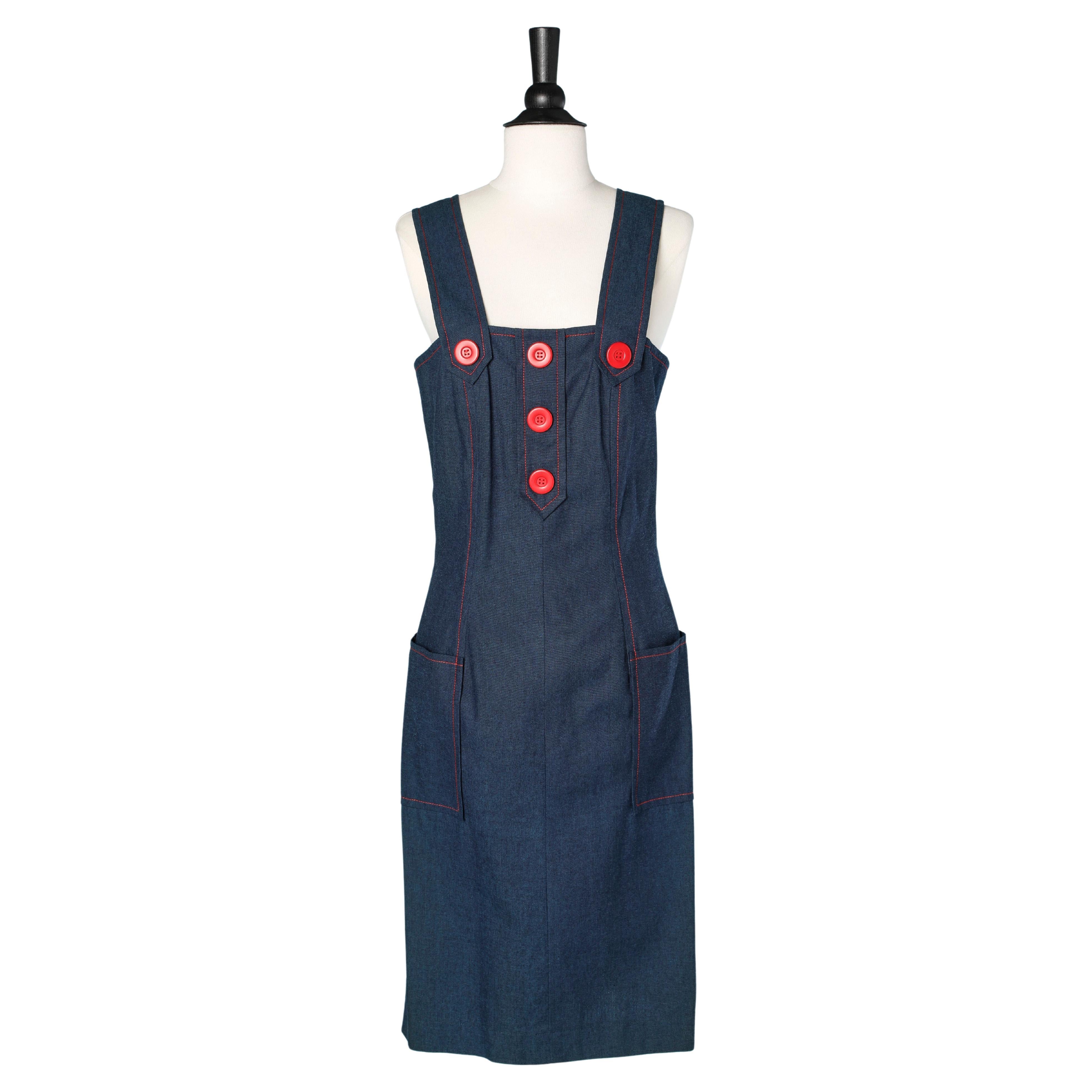 Blue cotton dress with red buttons Yves Saint Laurent Variation  For Sale