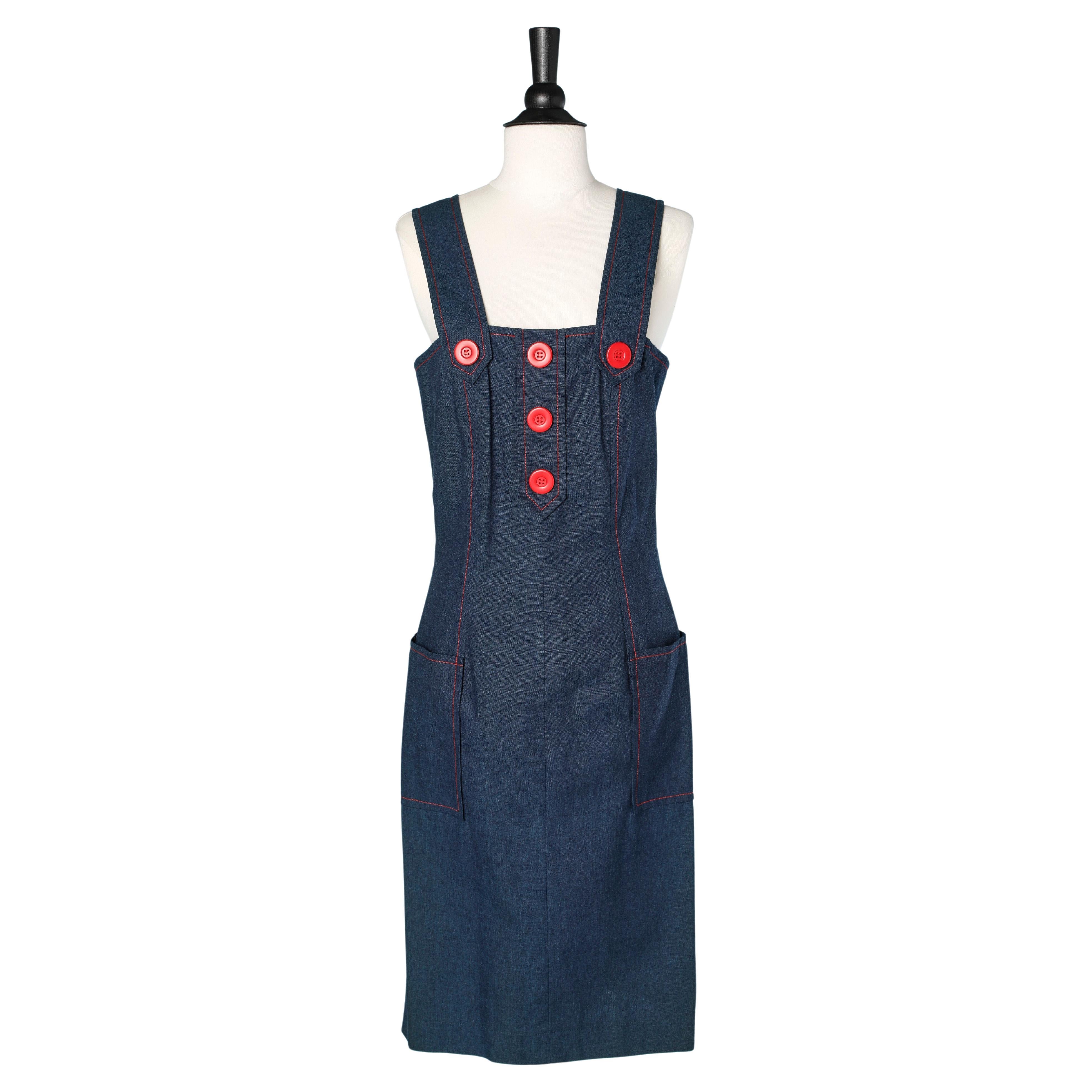 Robe en coton bleu avec boutons rouges variation Yves Saint Laurent