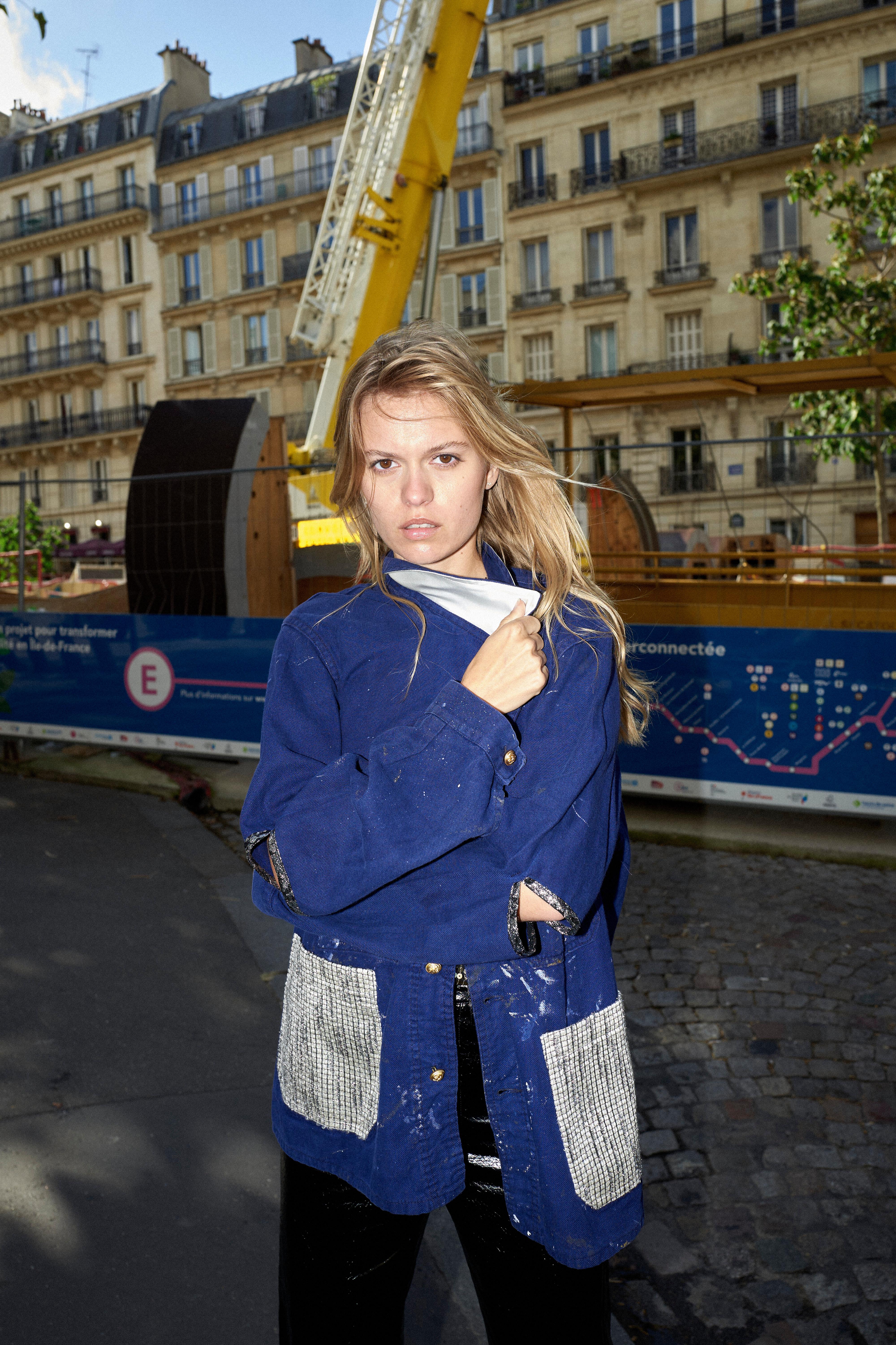 Blue Jacket White Lurex Tweed  Pockets French Workwear One of a kind J Dauphin 7