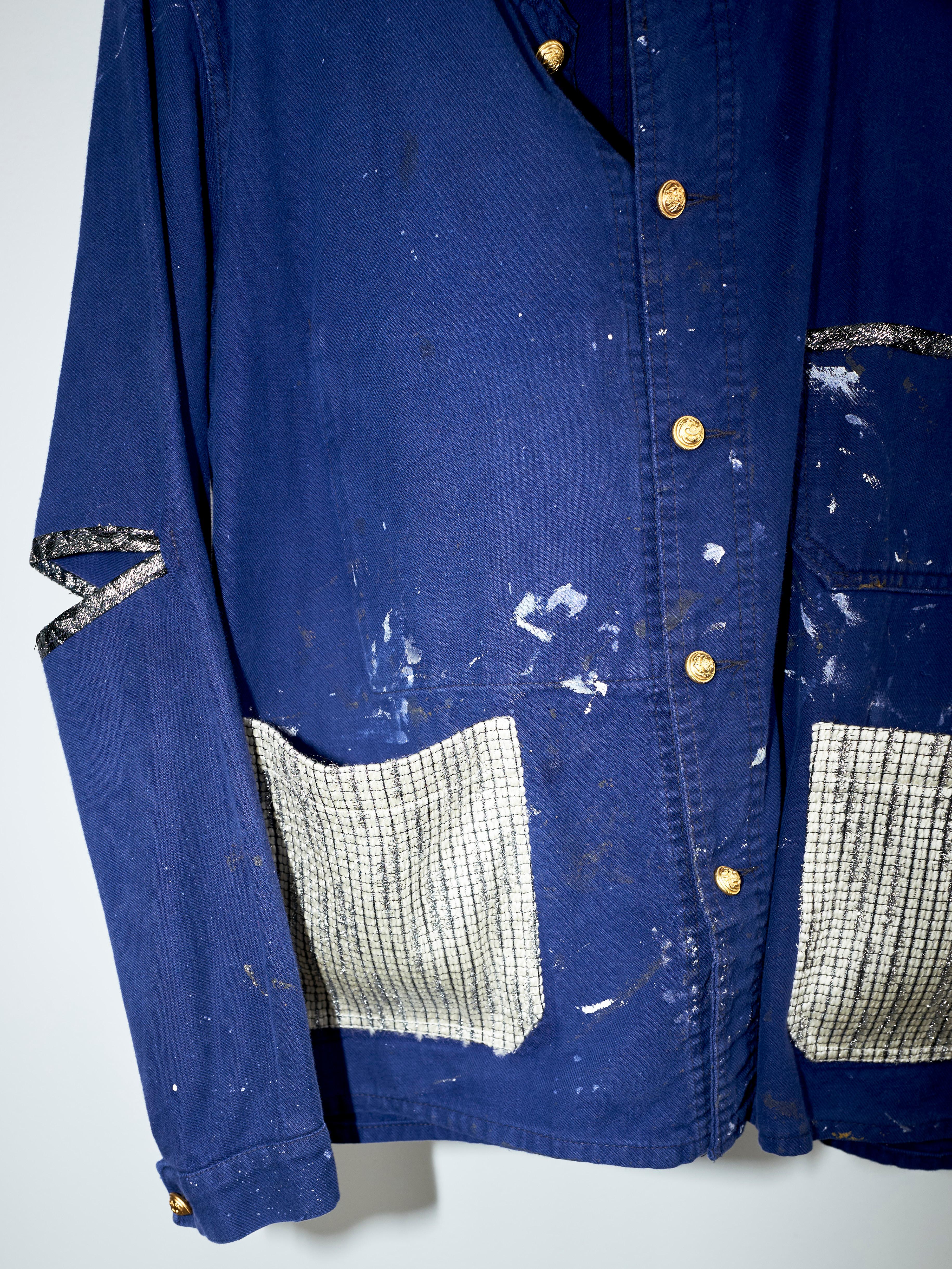 Blue Jacket White Lurex Tweed  Pockets French Workwear One of a kind J Dauphin 1