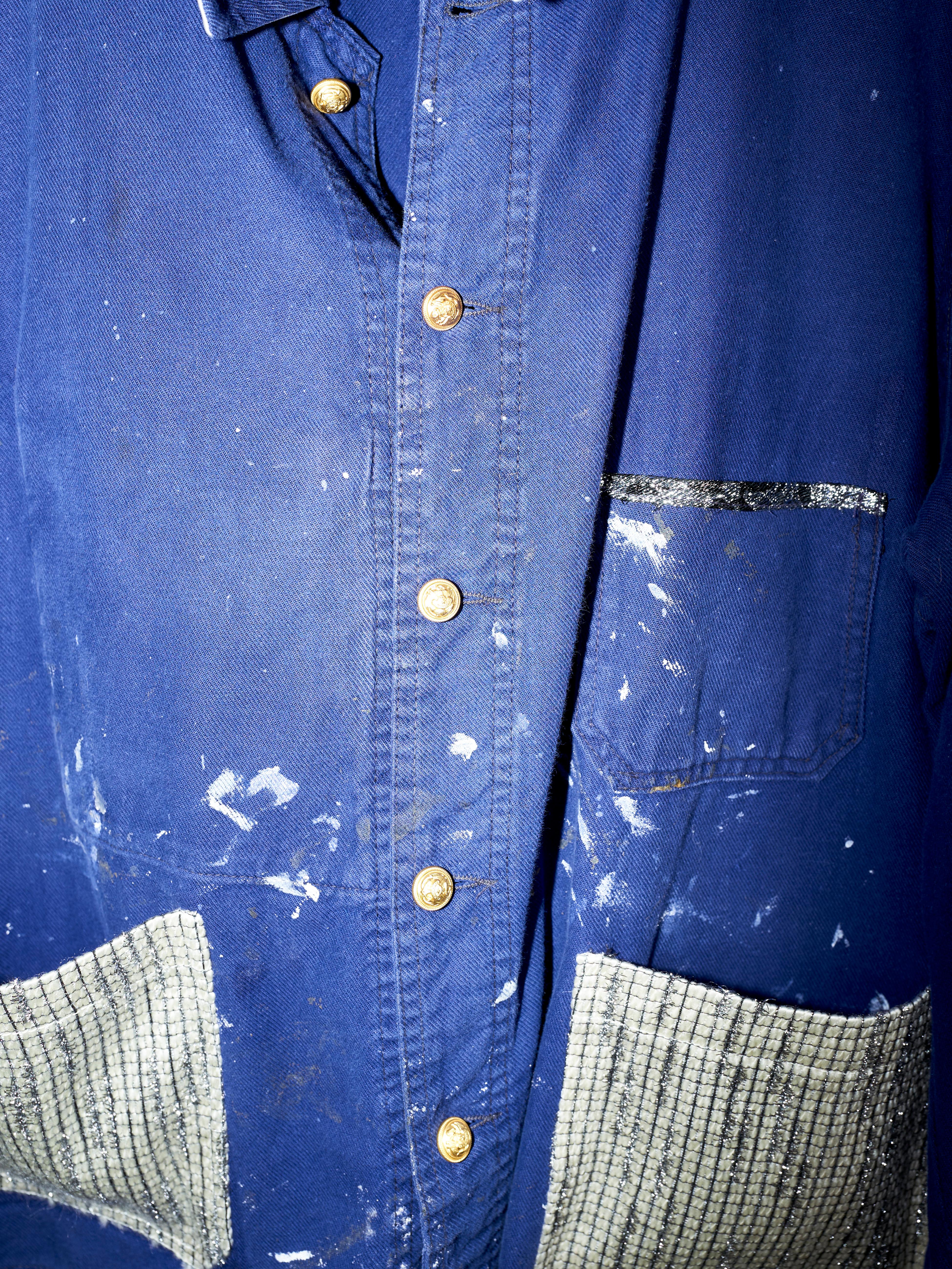 Blue Jacket White Lurex Tweed  Pockets French Workwear One of a kind J Dauphin 2