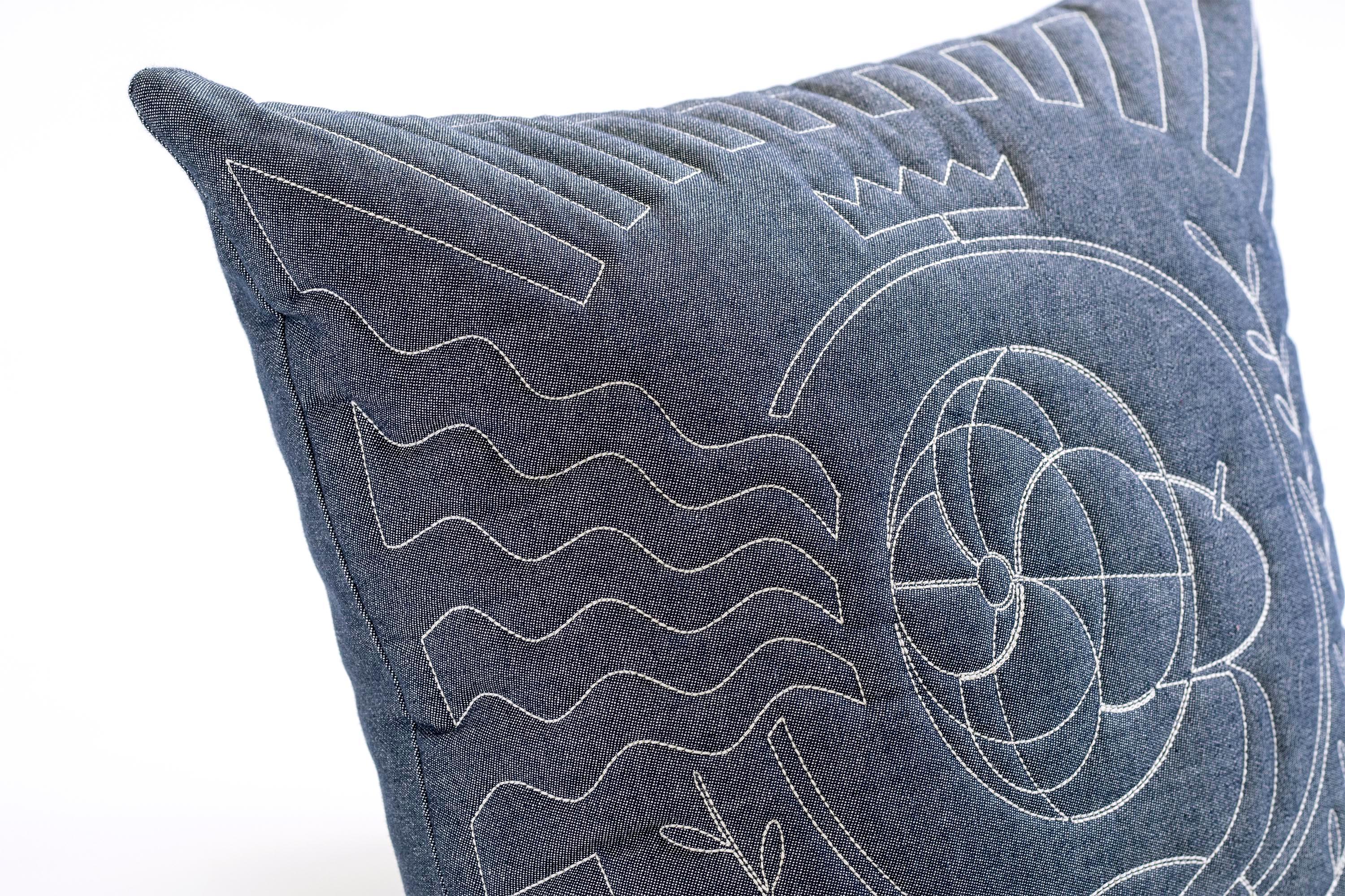 Brazilian Blue Cotton Matelasse Fan Pillow by Paulo Kobylka For Sale