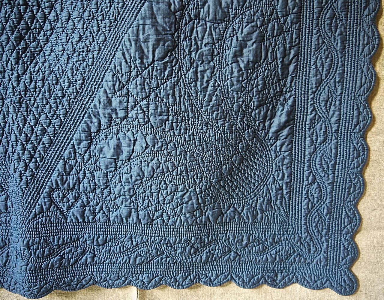 Quilted Blue Cotton Monogrammed Small Quilt, French, 19th Century