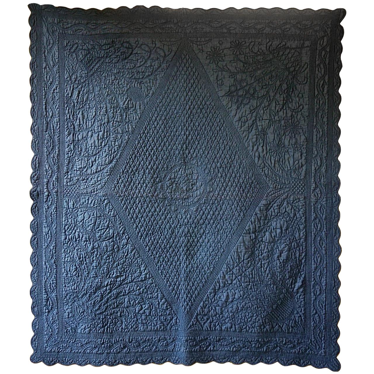 Blue Cotton Monogrammed Small Quilt, French, 19th Century
