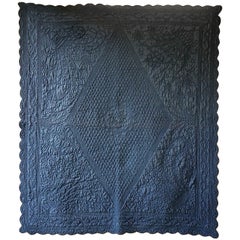 Blue Cotton Monogrammed Small Quilt, French, 19th Century