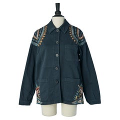 Chaqueta azul de algodón de un solo pecho con pintura CHRISTIAN DIOR