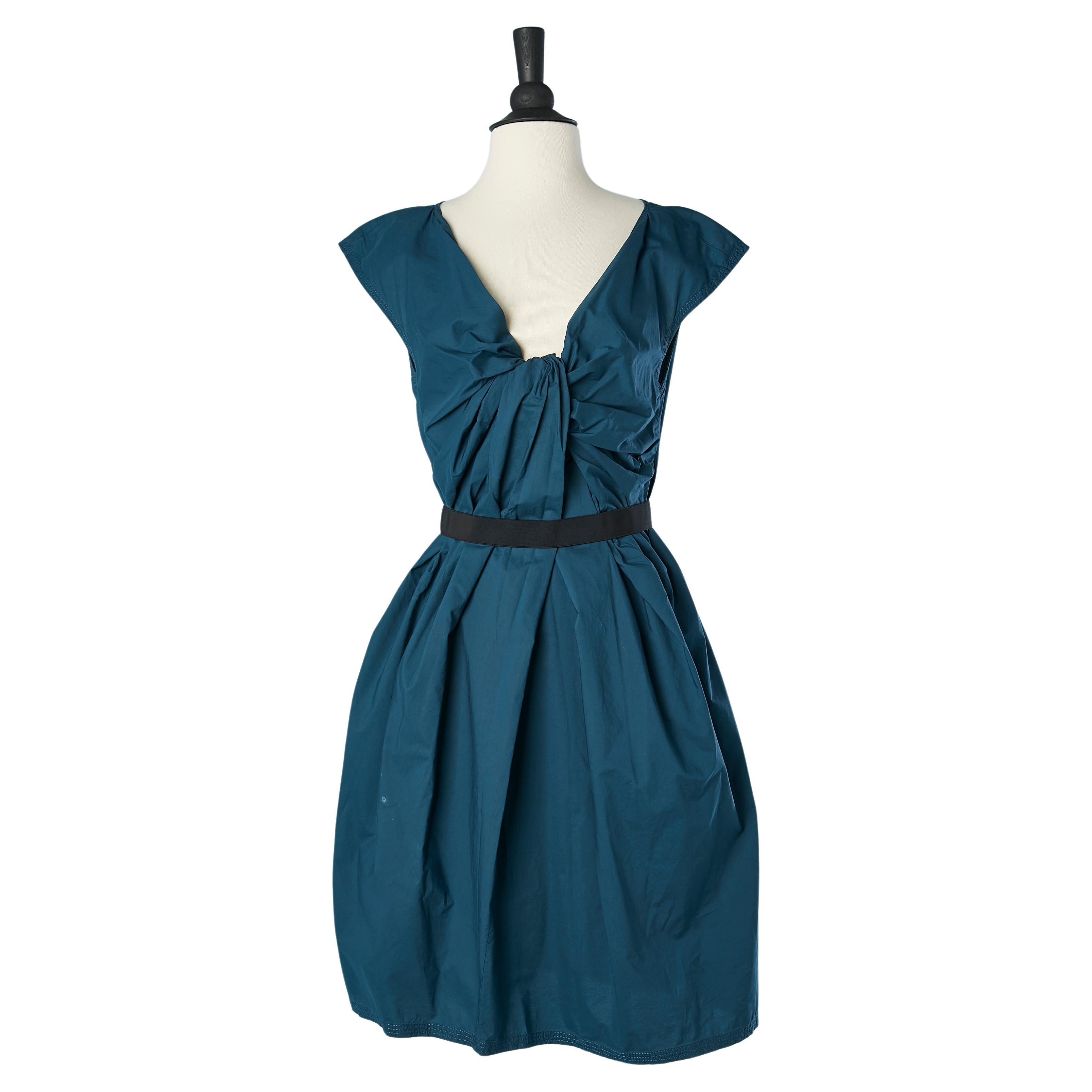 Blaues ärmelloses Kleid aus Baumwolle mit drapiertem Vorderteil Lanvin by Alber Elbaz im Angebot