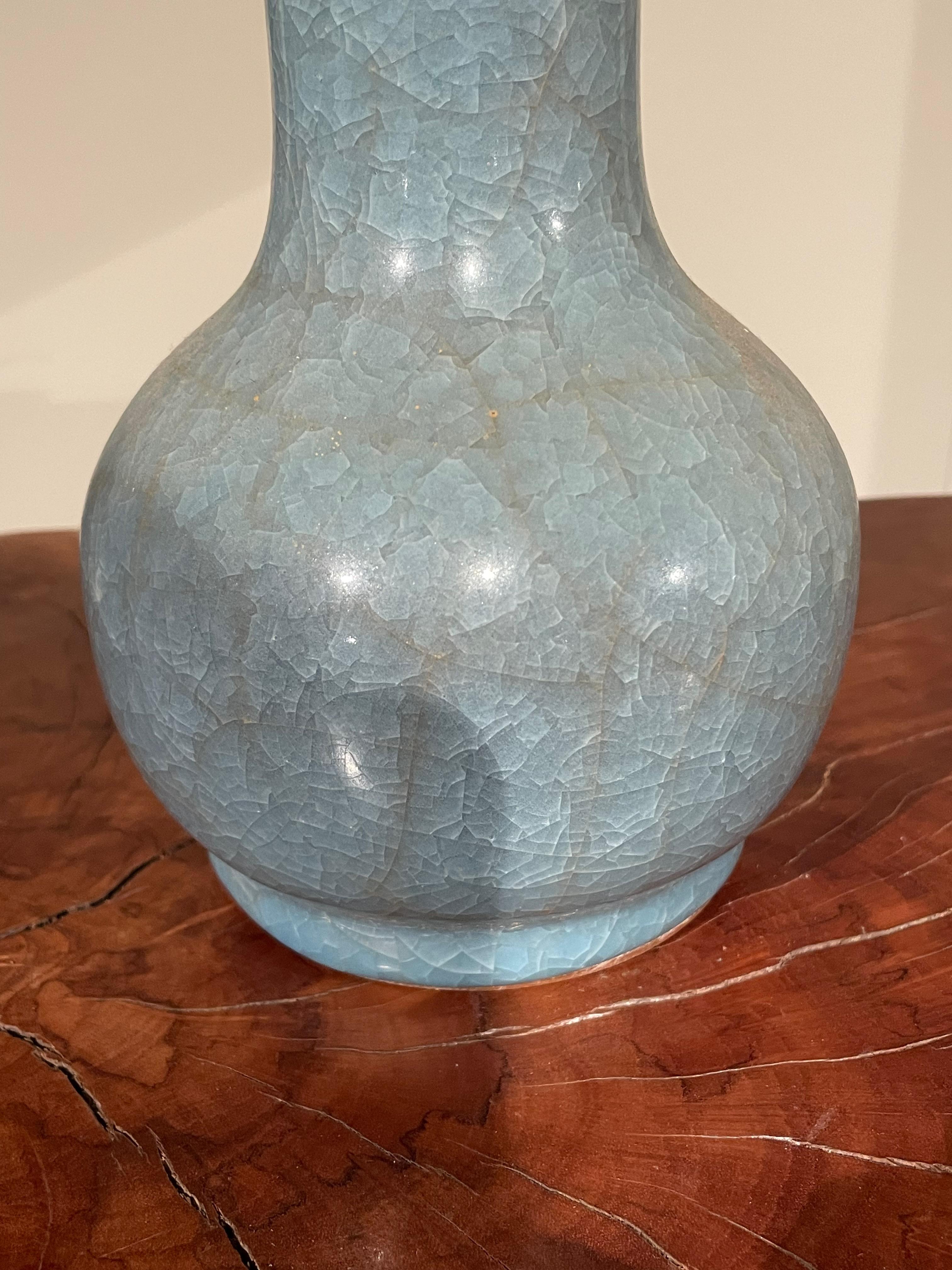 Chinese Blue Crackle Glaze Elongated Tubular Neck Ceramic Vase, China, Contemporary For Sale