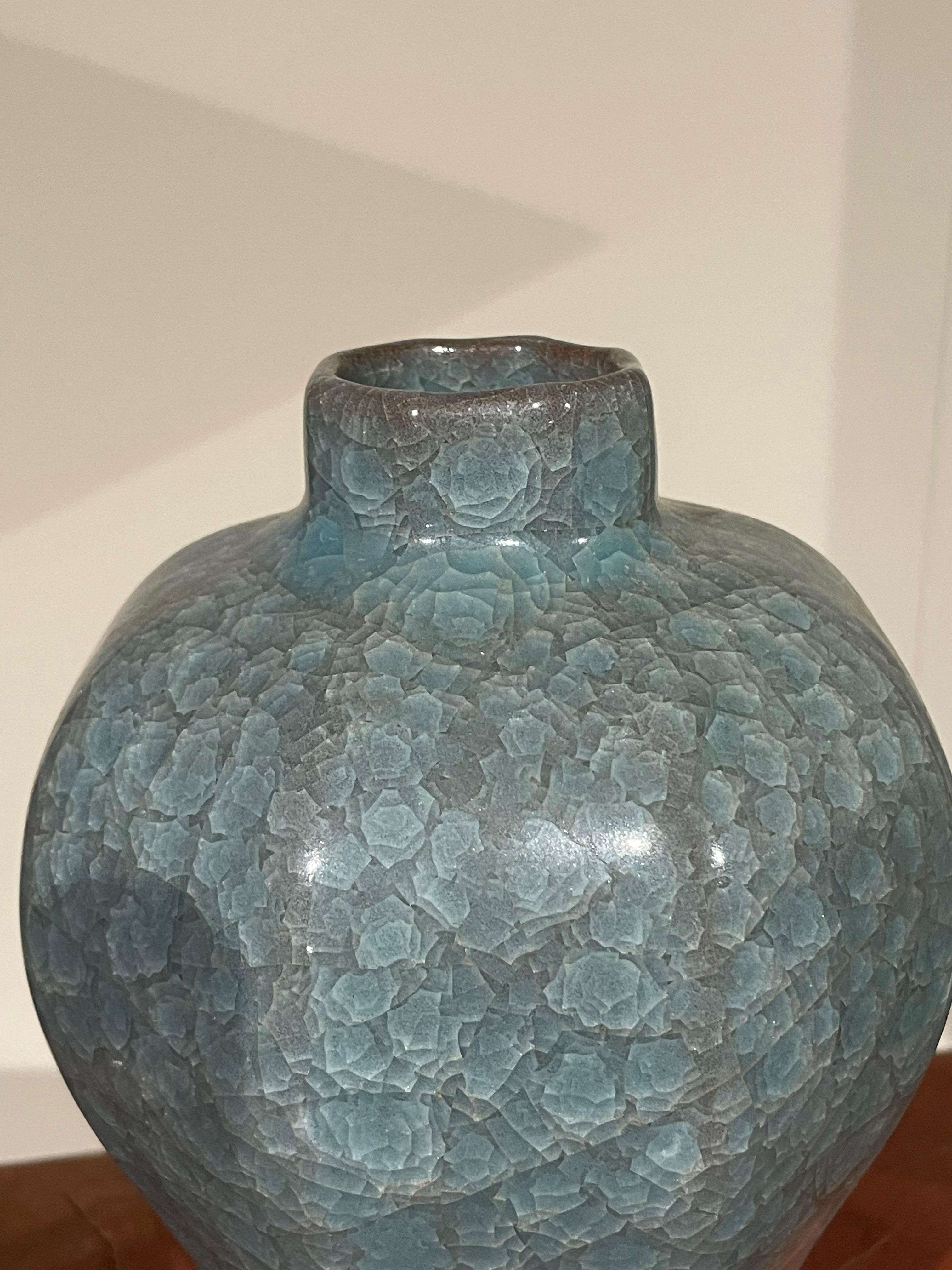 Chinese Blue Crackle Glaze Hexagonal Shaped Ceramic Vase, China, Contemporary For Sale