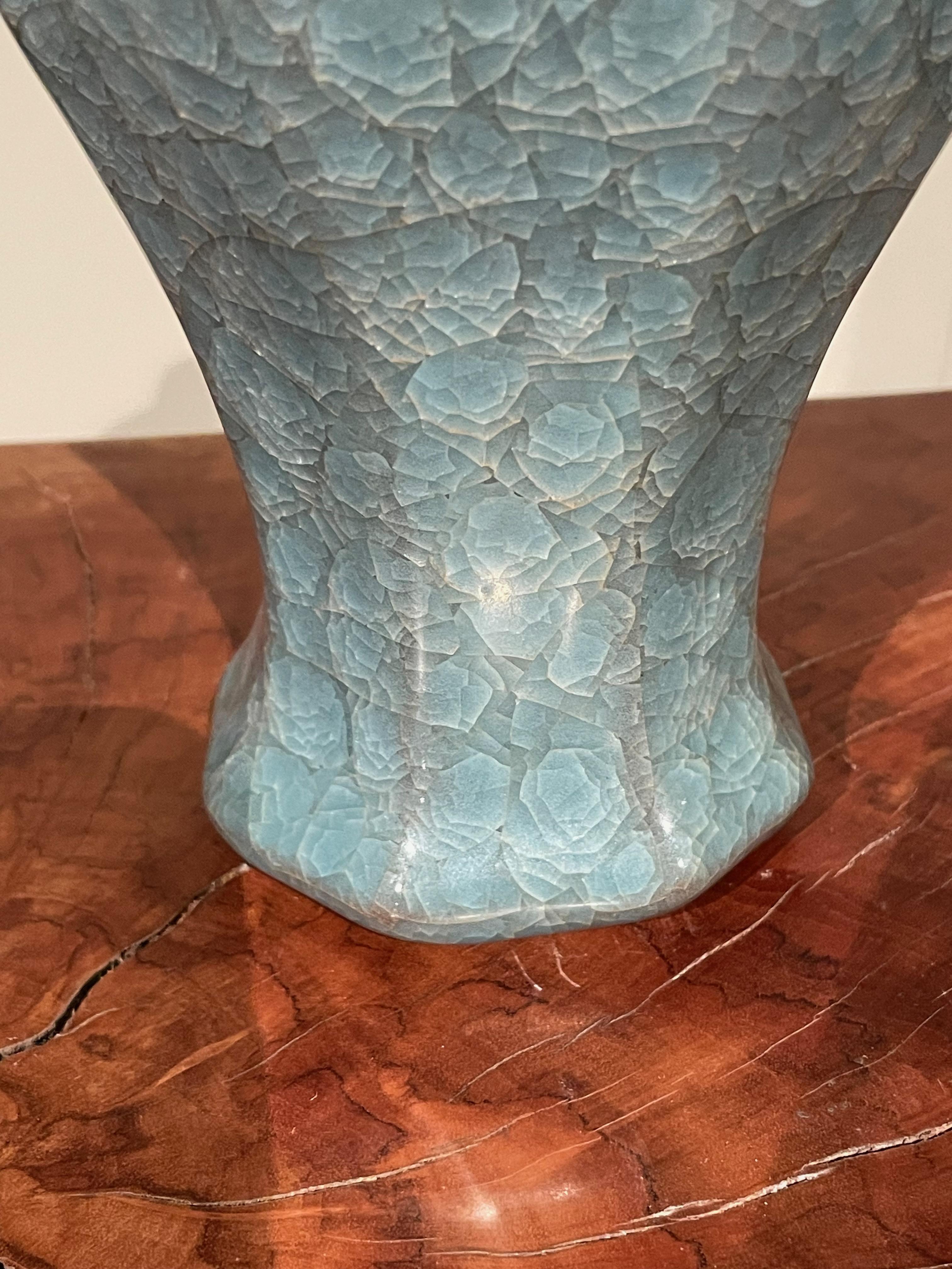 Blue Crackle Glaze Hexagonal Shaped Ceramic Vase, China, Contemporary In New Condition For Sale In New York, NY