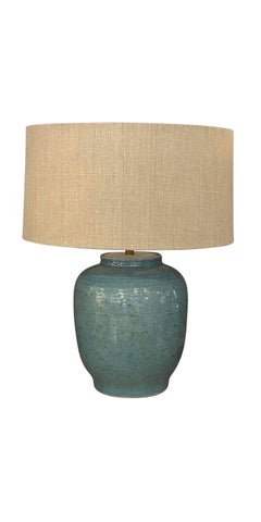 Blue Crackle Glaze Pair Barrel Shaped Lamps With Shades, China, Contemporary