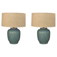 Blue Crackle Glaze Pair Barrel Shaped Lamps With Shades, China, Contemporary